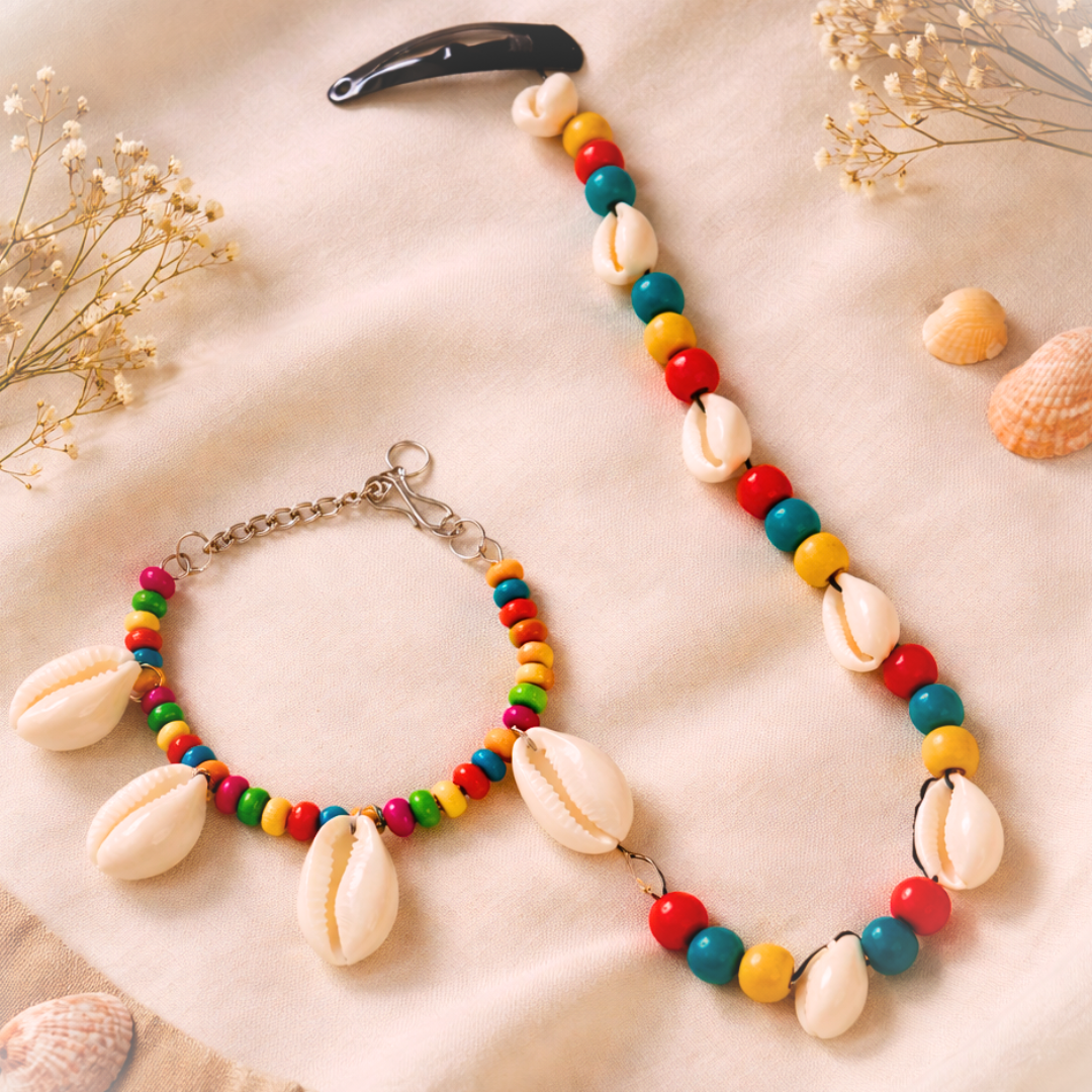 Cowrie Shell & Multicolor Wooden Bead Long String Snap Clip with Bracelet Set