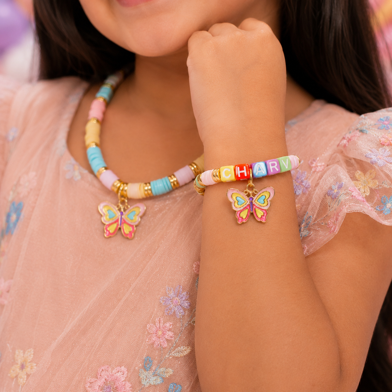 Butterfly Charm Personalized Pendant & Bracelet Set