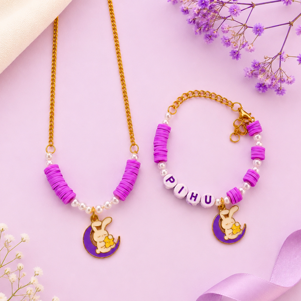 Personalized Bunny Moon Necklace & Adjustable Name Bracelet Set - Purple