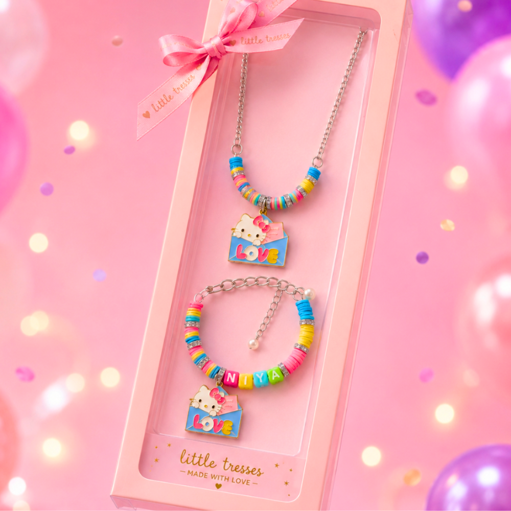 Personalized Character Necklace & Name Bracelet Set - Pink & Blue
