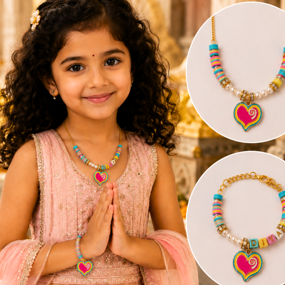 Personalized Multicolor Heart Necklace & Adjustable Name Bracelet Set