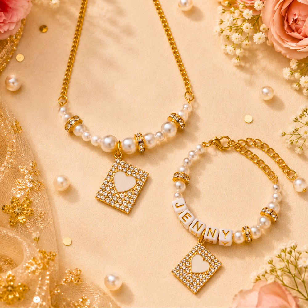 Personalized Bling Heart Necklace & Adjustable Name Bracelet Set