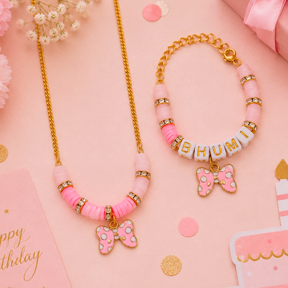 Personalized Bow Charm Necklace & Adjustable Name Bracelet Set - Pink
