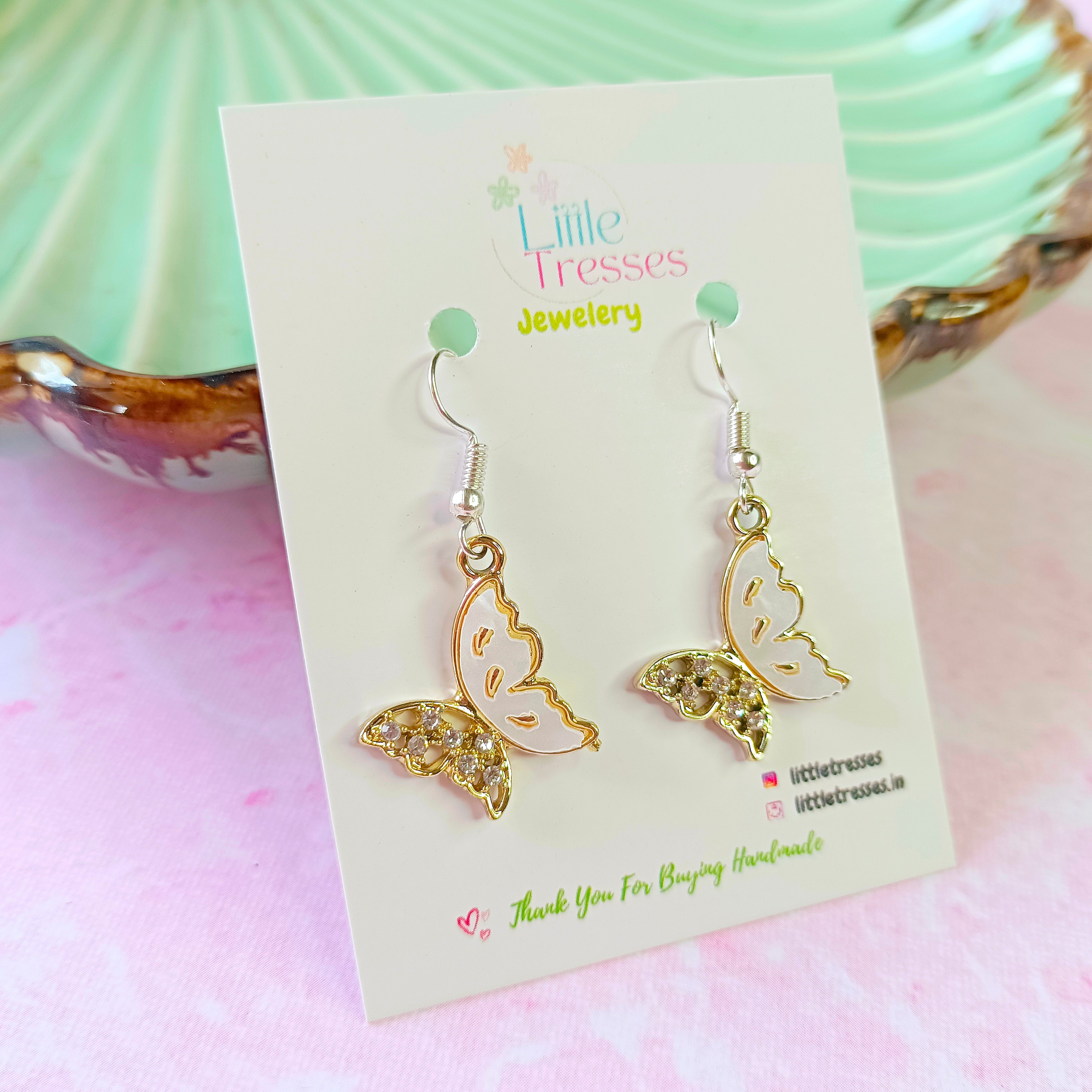 Butterfly Earrings - White & Gold