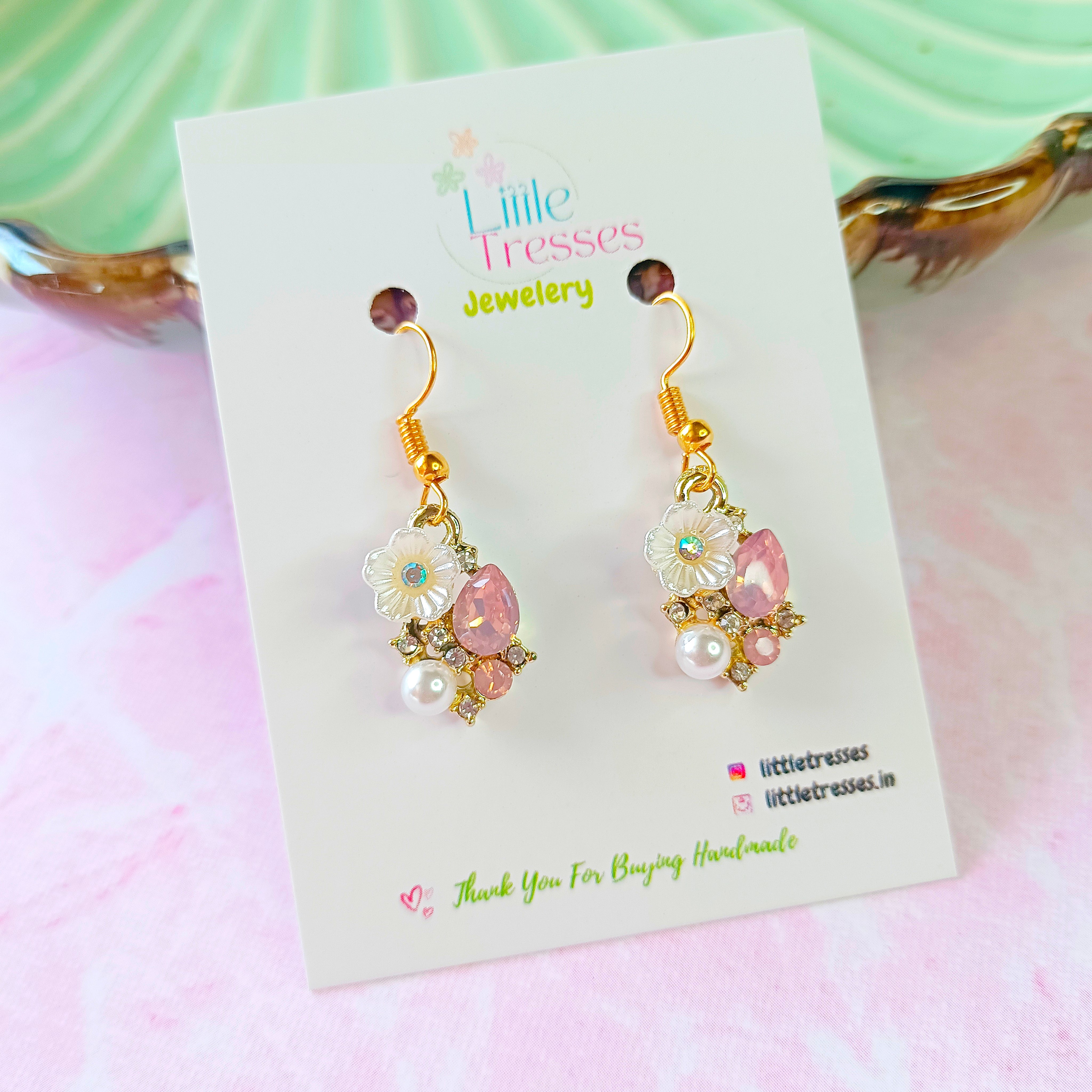 Little Flower & Rhinestone Earrings - Pink & White
