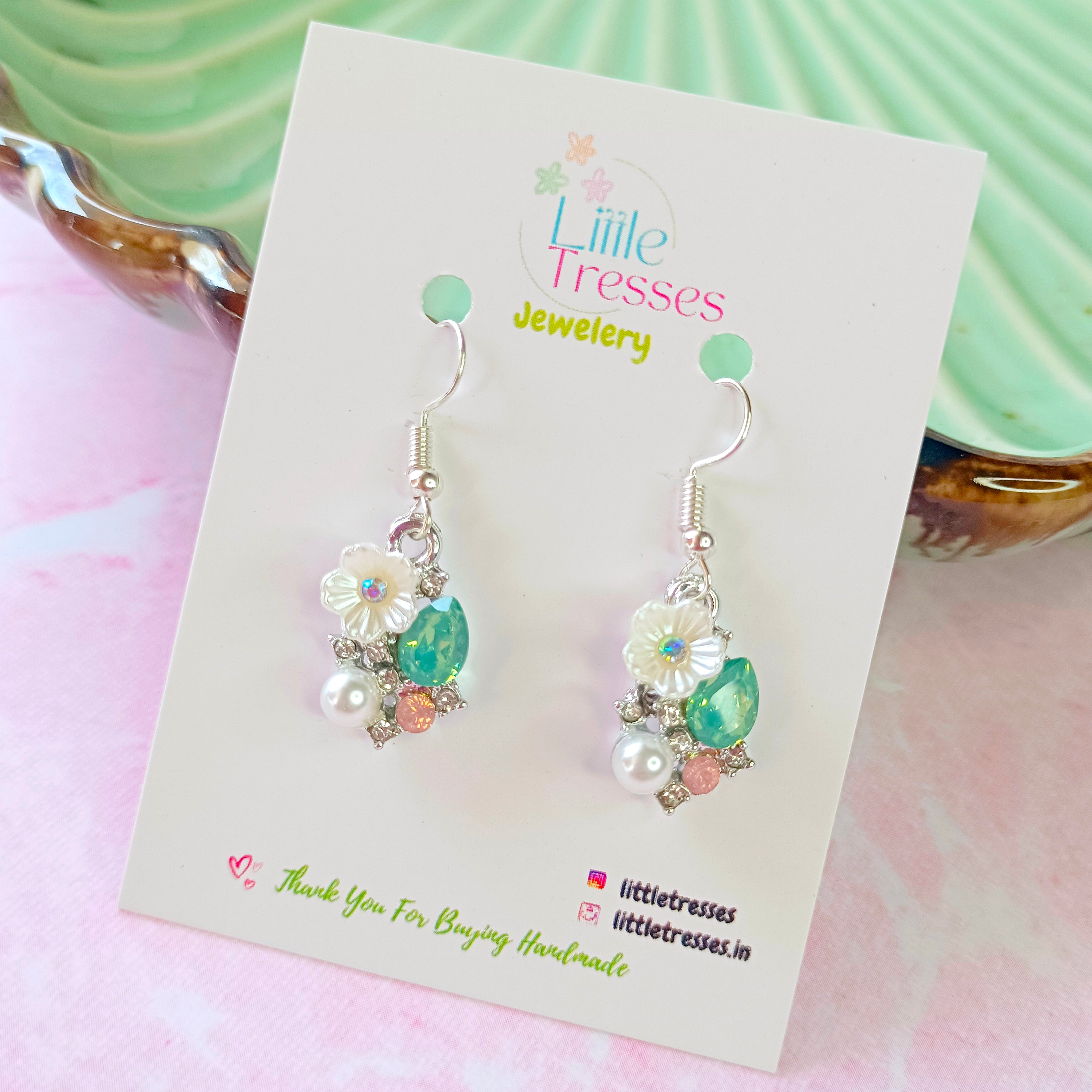 Copy of Little Flower & Rhinestone Earrings - Green & White