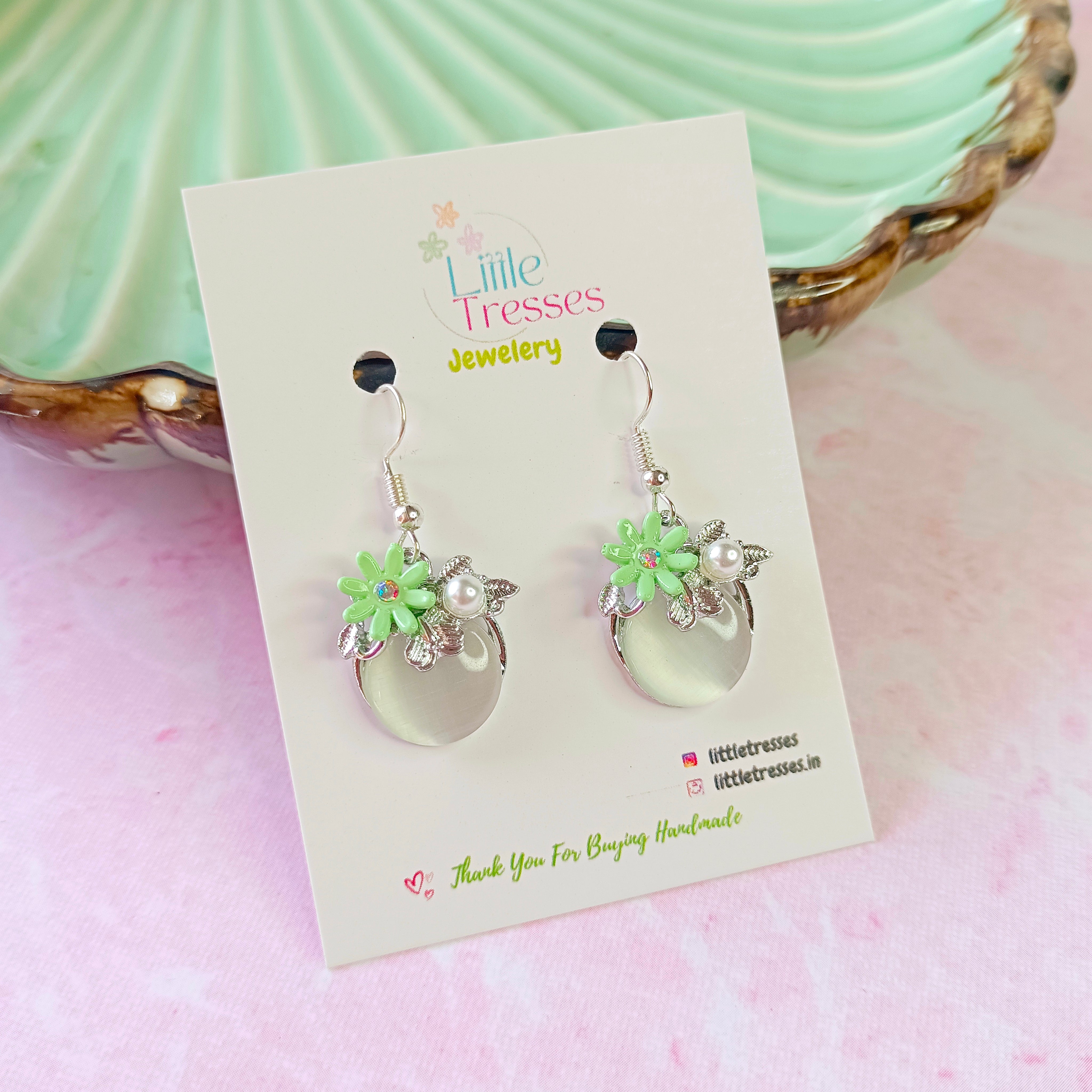 Oval Flower Earrings - Green