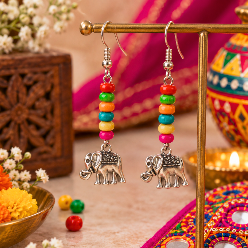 Navratri Multicolor Antique Elephant Earrings