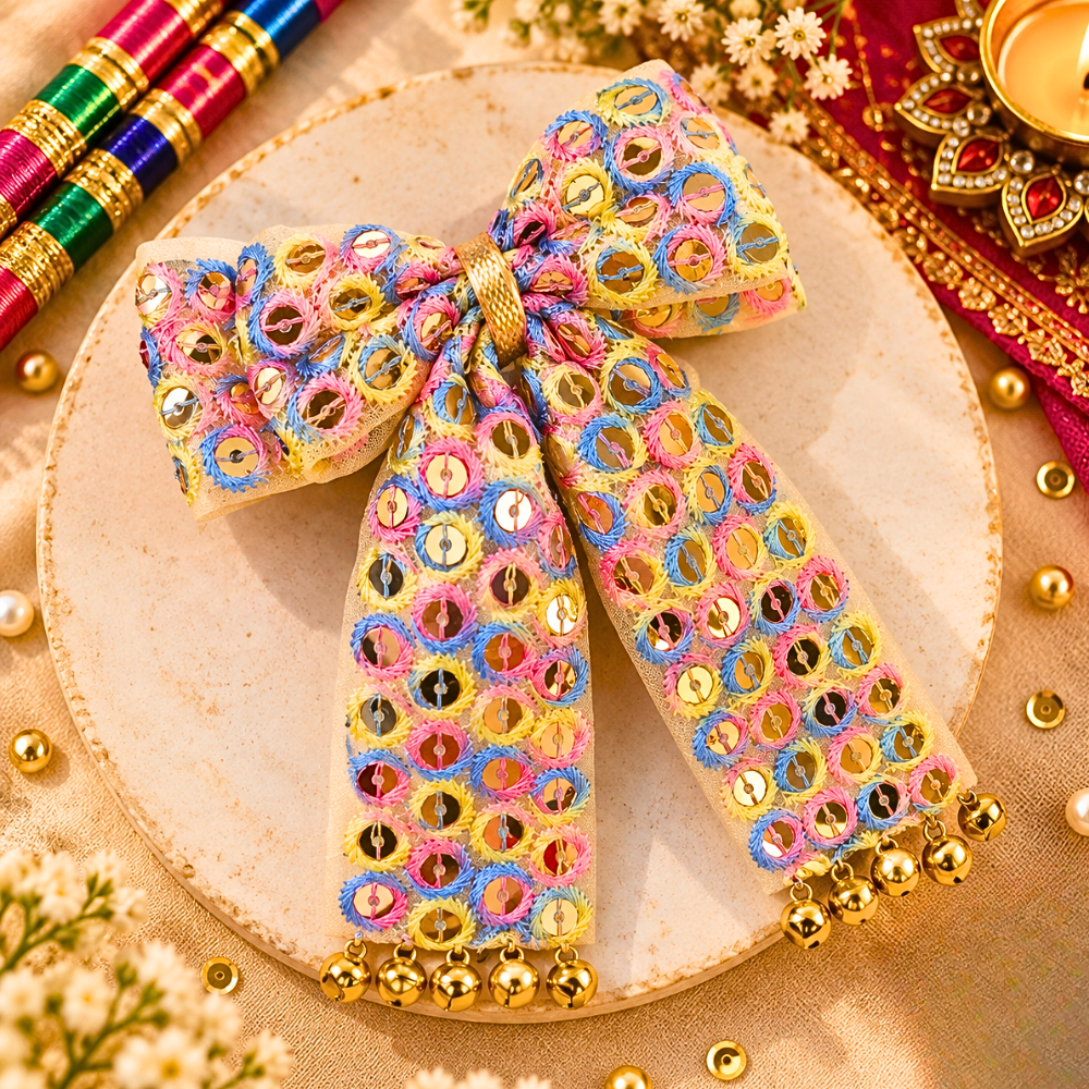 Sitaara Navratri PiggyTail Bow Alligator Clip - Pink & Blue