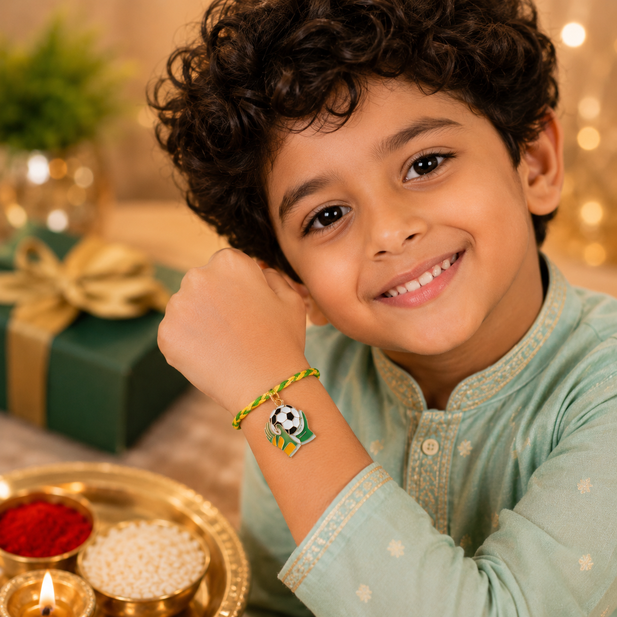 Football Enthusiast Bro Rakhi Box-Green | Custom Name Rakhi for Brother