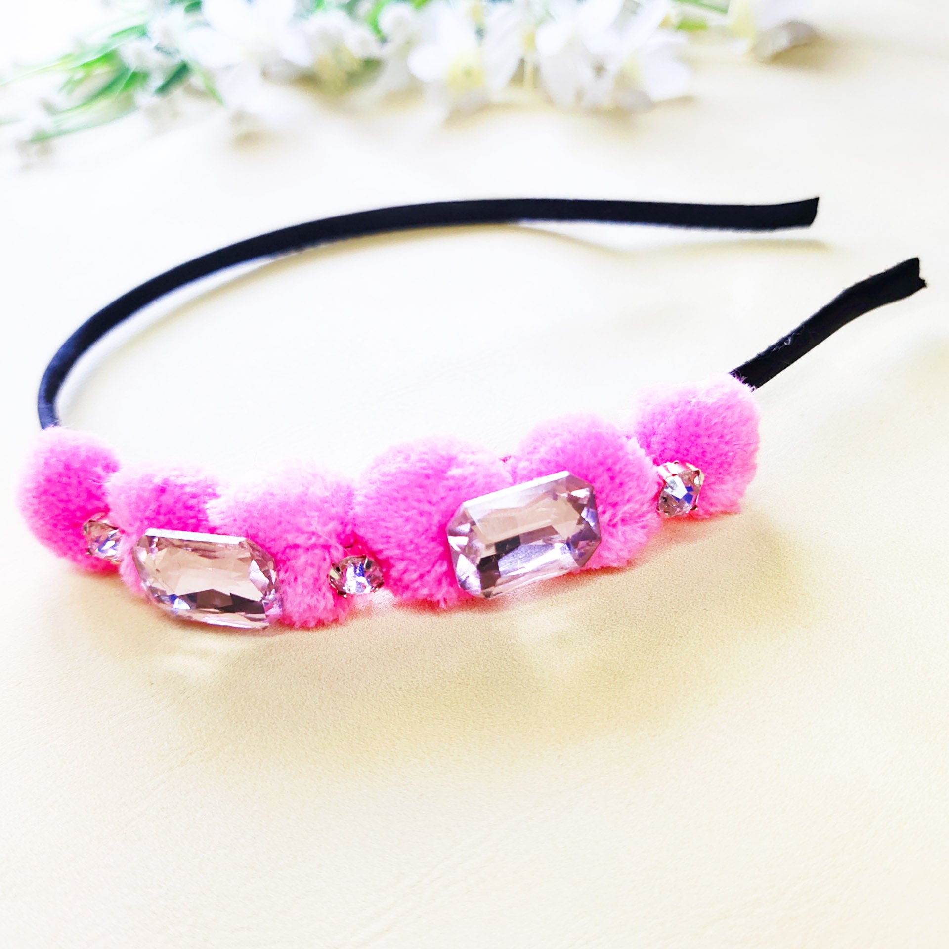 Rhinestones and Pompom Headband - Pink