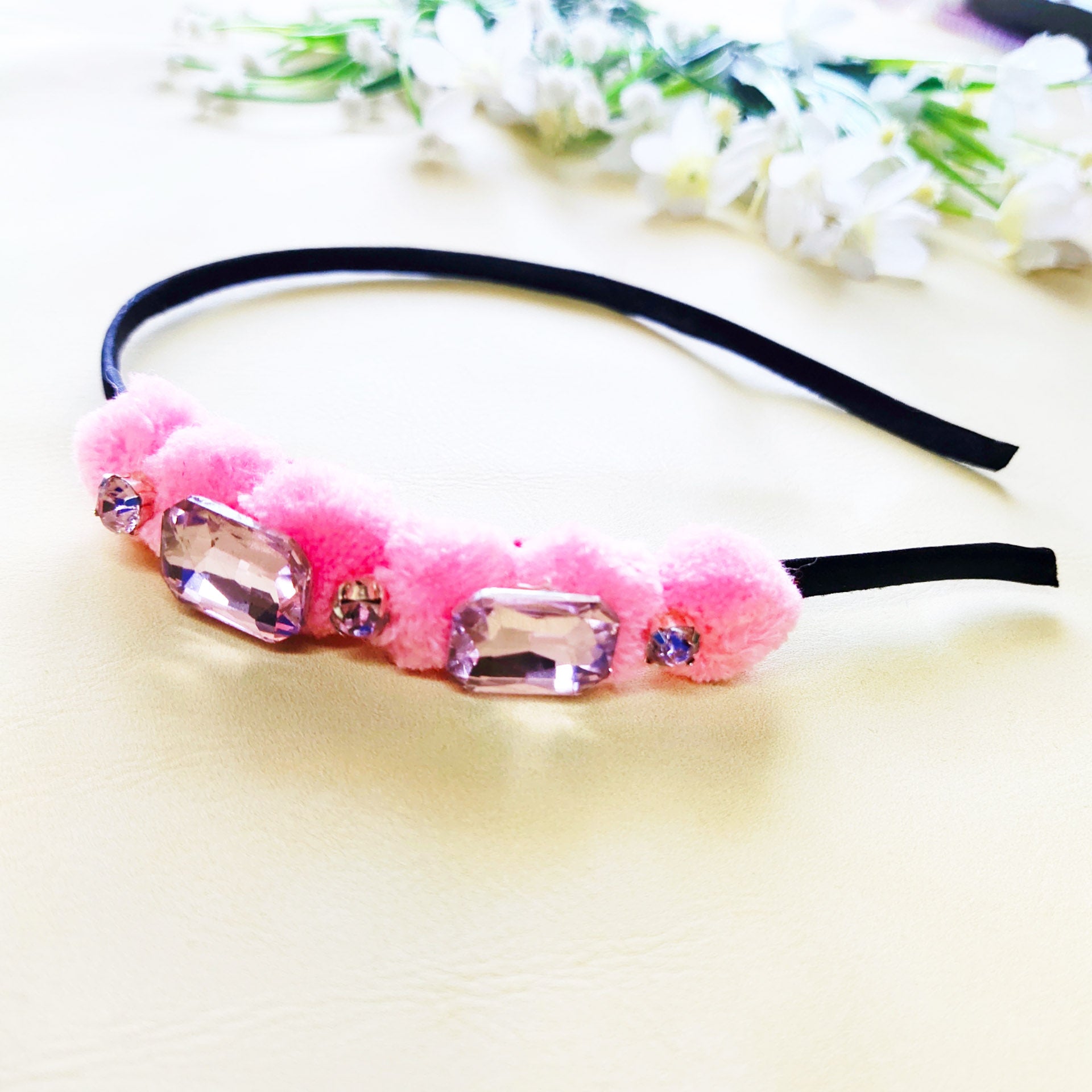 Rhinestones and Pompom Headband - Baby Pink