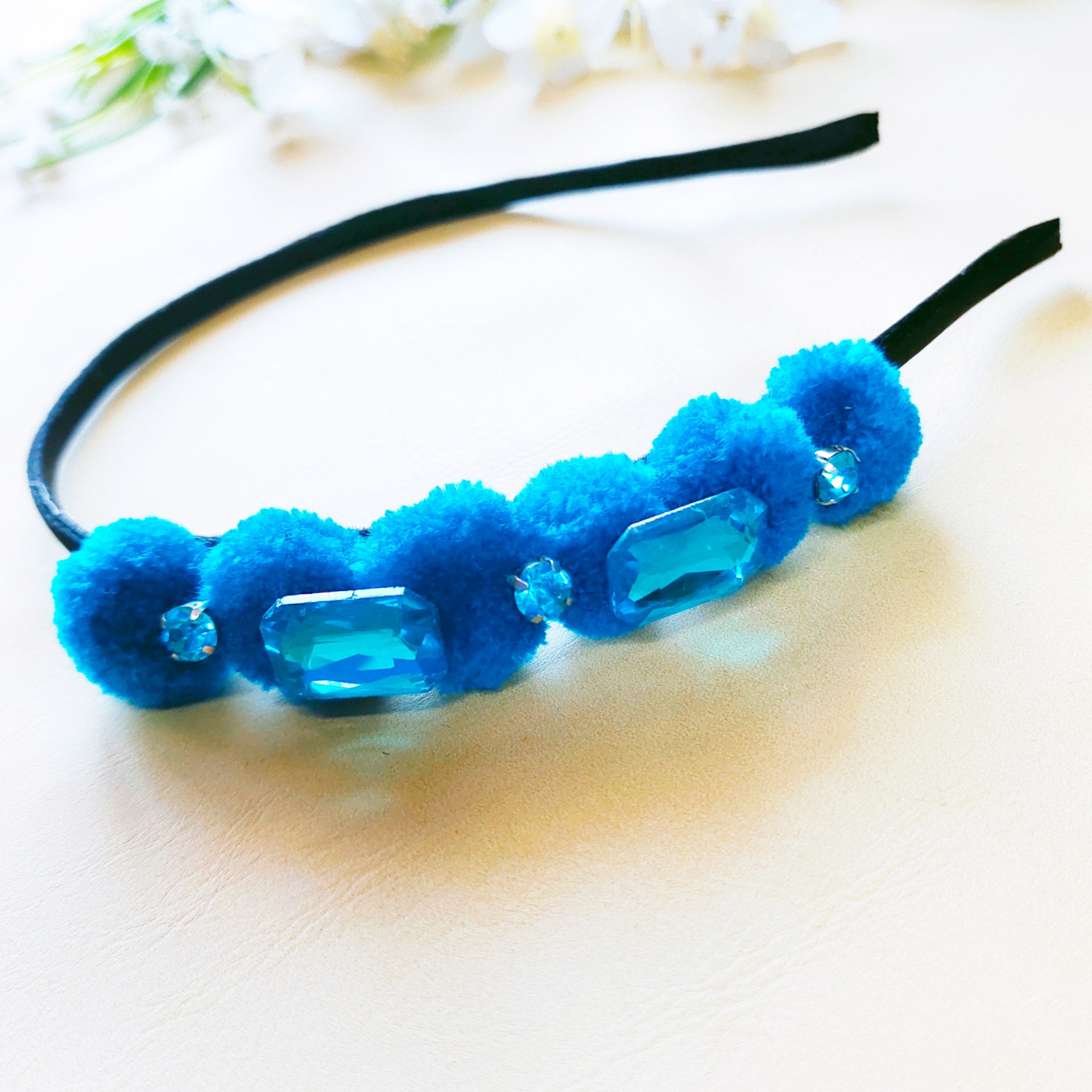 Blue Rhinestones and Pompom Headband