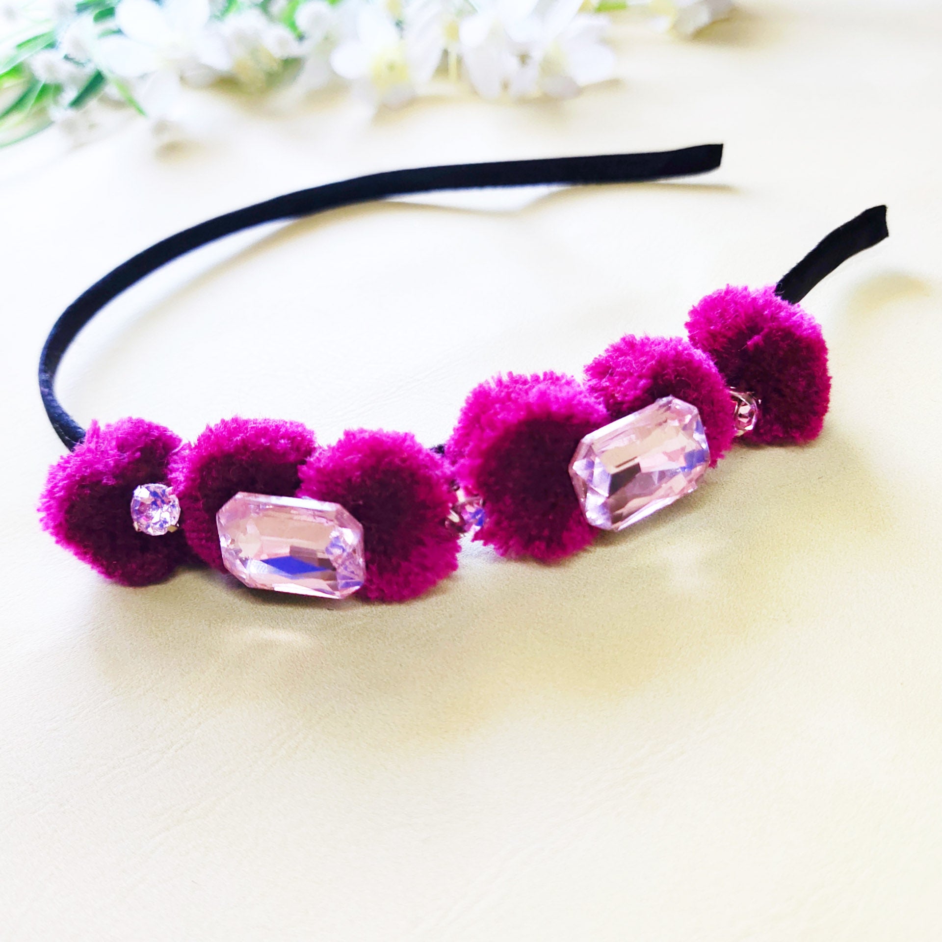Rhinestones and Pompom Headband - Purple