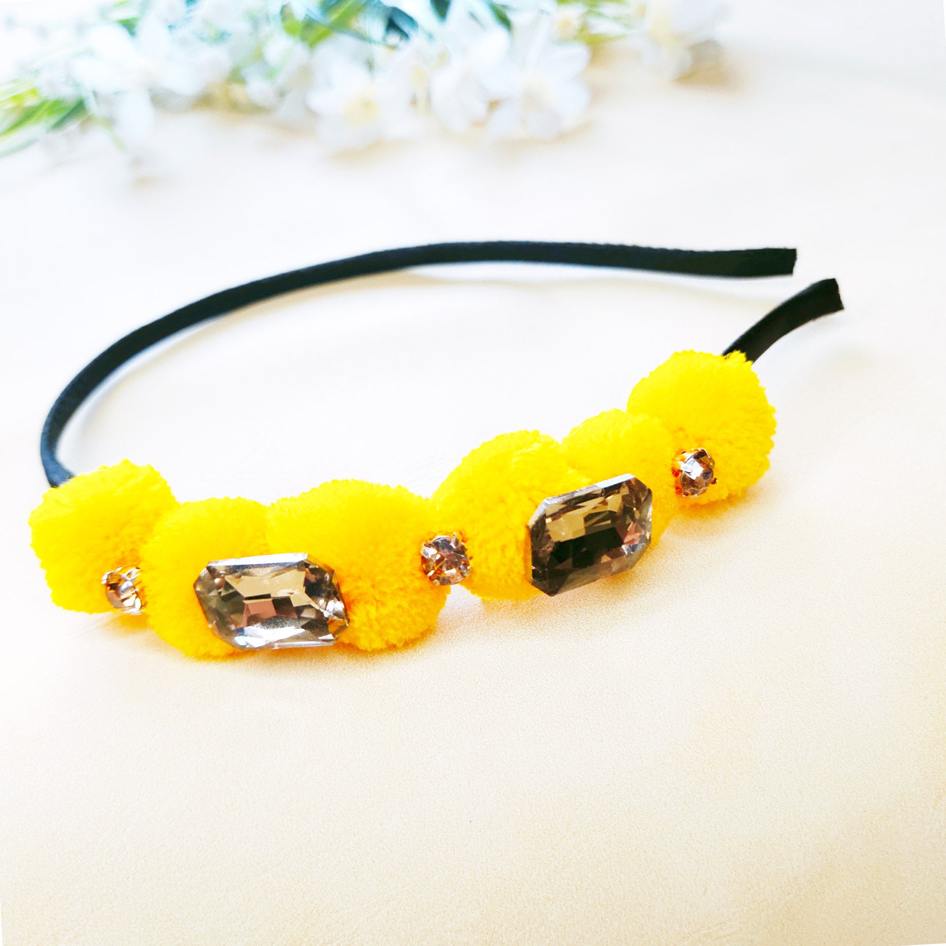 Yellow Rhinestones and Pompom Headband