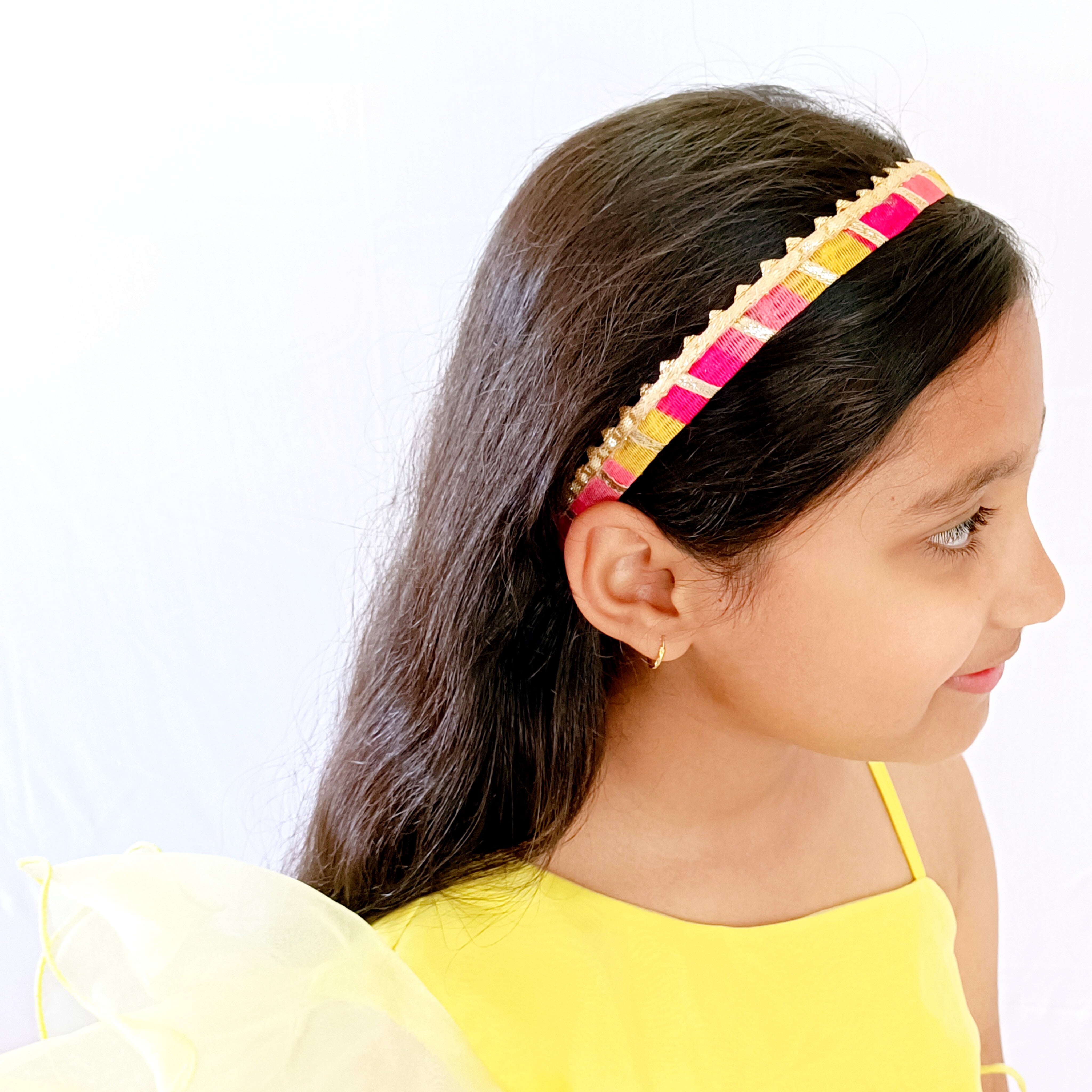 Gota Patti Lace Headband - Pink & Yellow