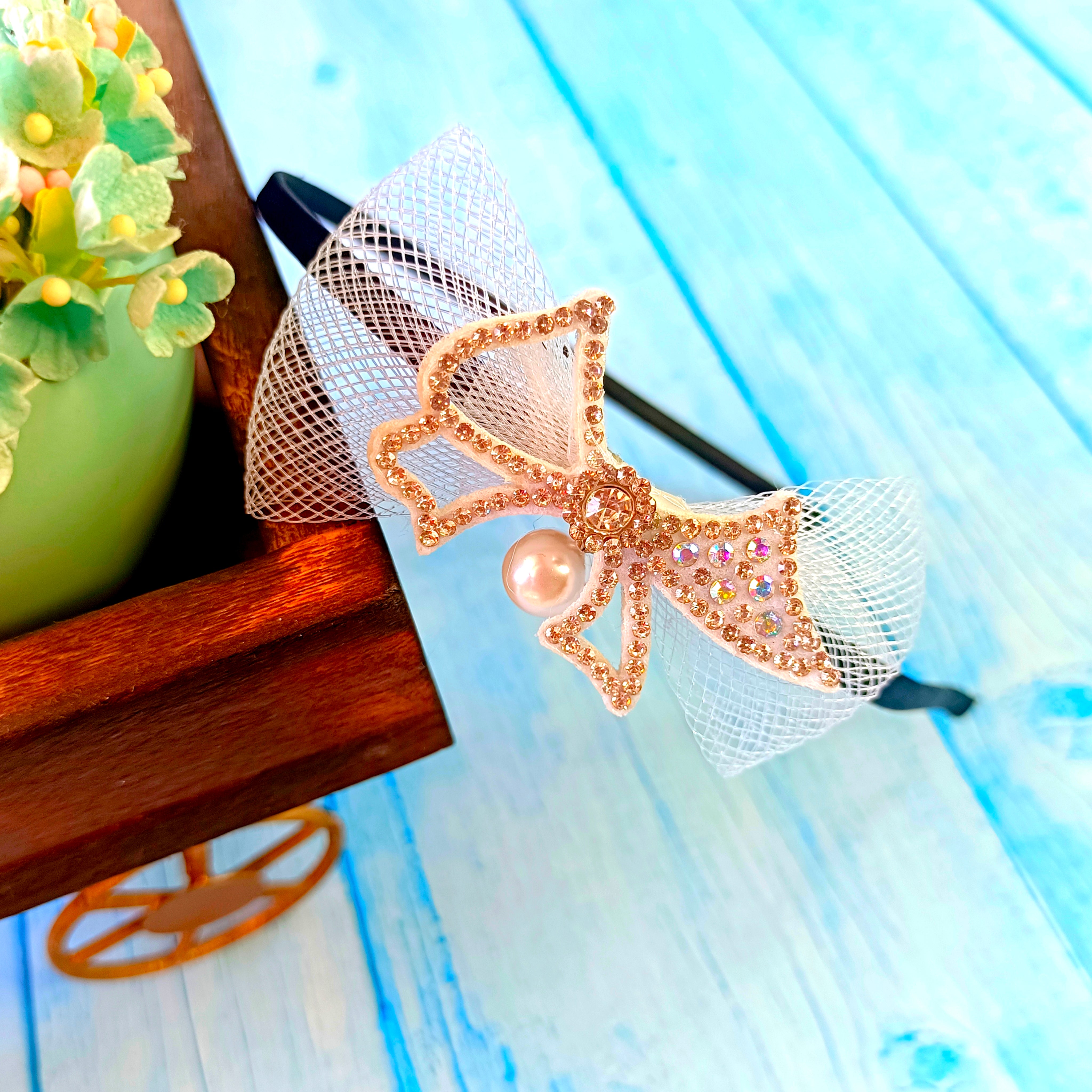 Fancy Bow with Dangling Pearl Headband - Silver