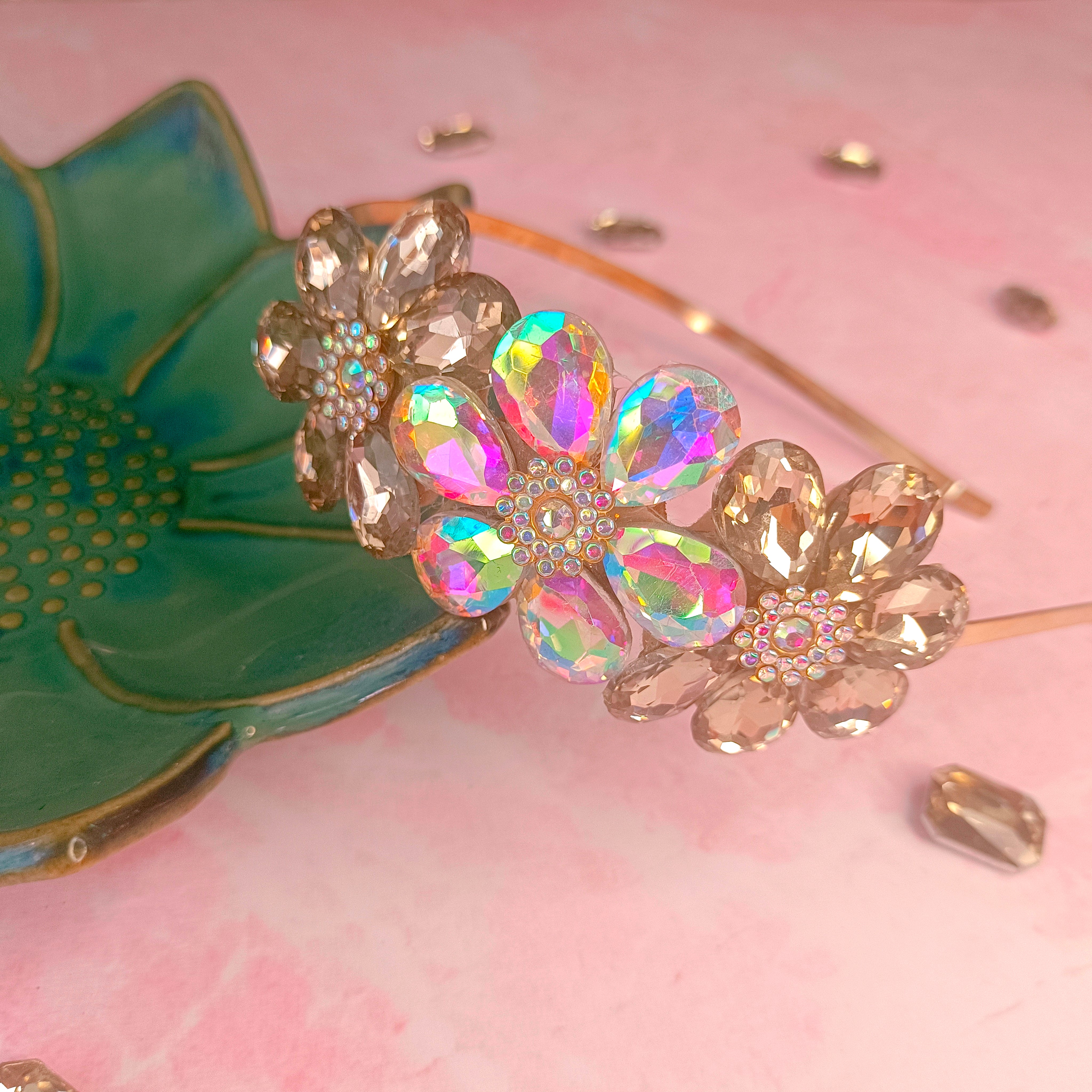 Rhinestone Rainbow & Golden Flower Headband