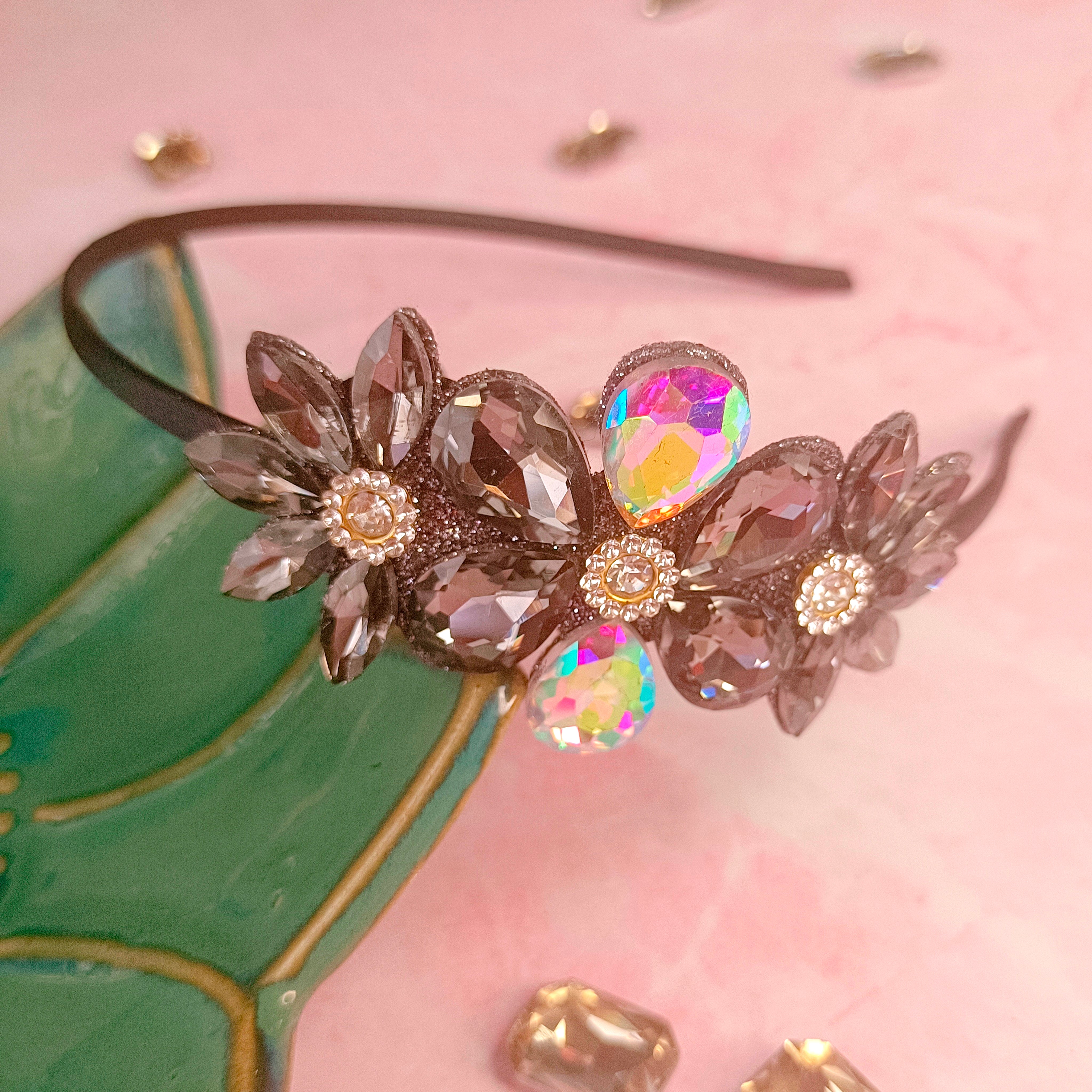 Designer Black Flower Rhinestone Headband