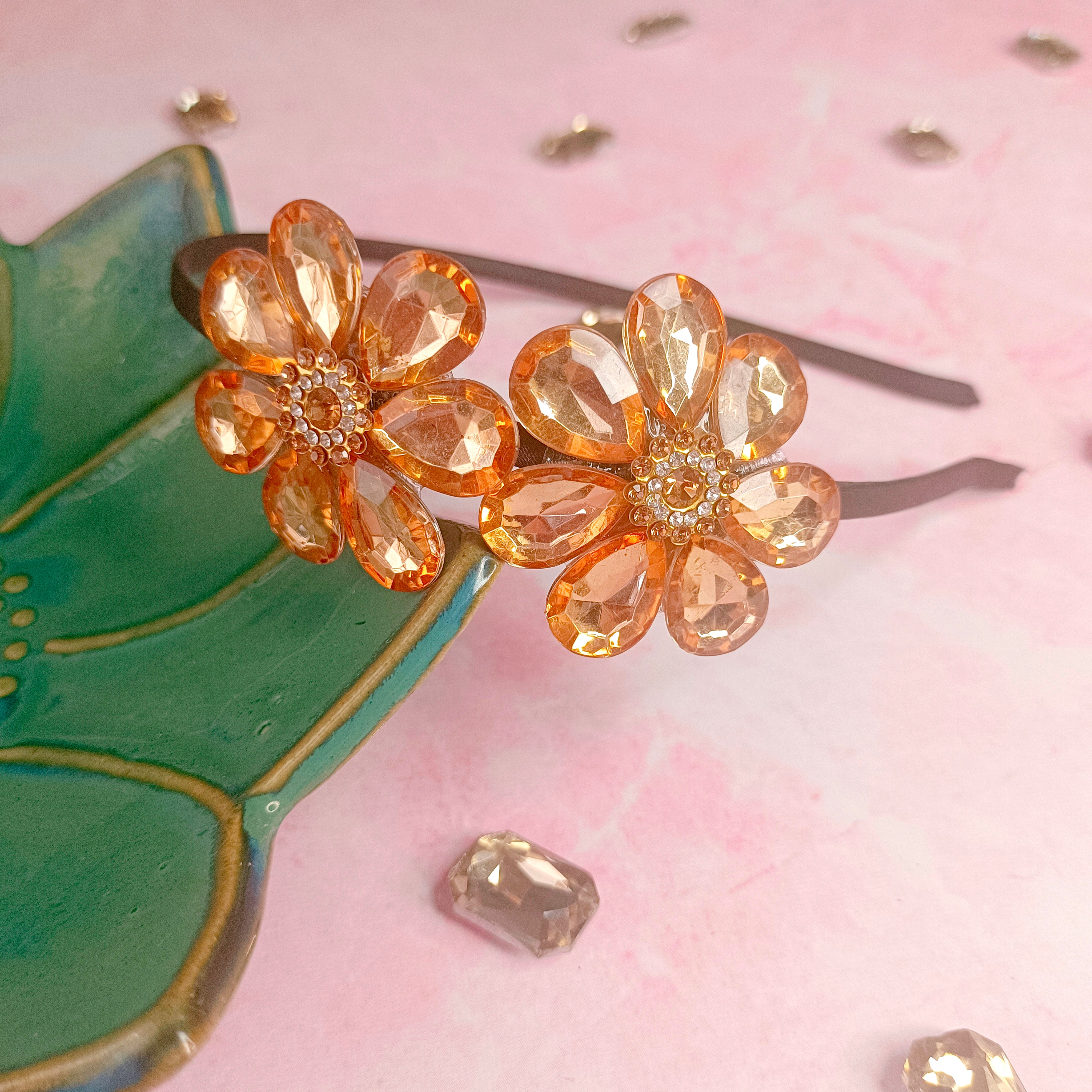 Rhinestone Flower Headband - Golden