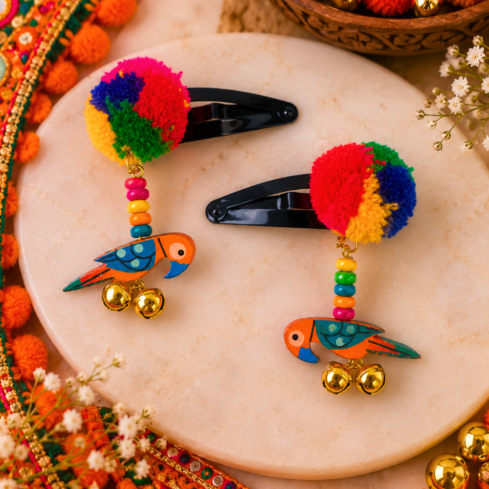 Navratri Parrot & Pompom Snap-On Clips – Orange
