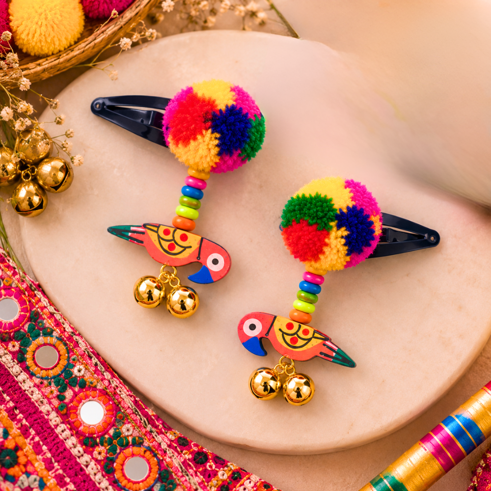 Navratri Parrot & Pompom Snap-On Clips – Pink