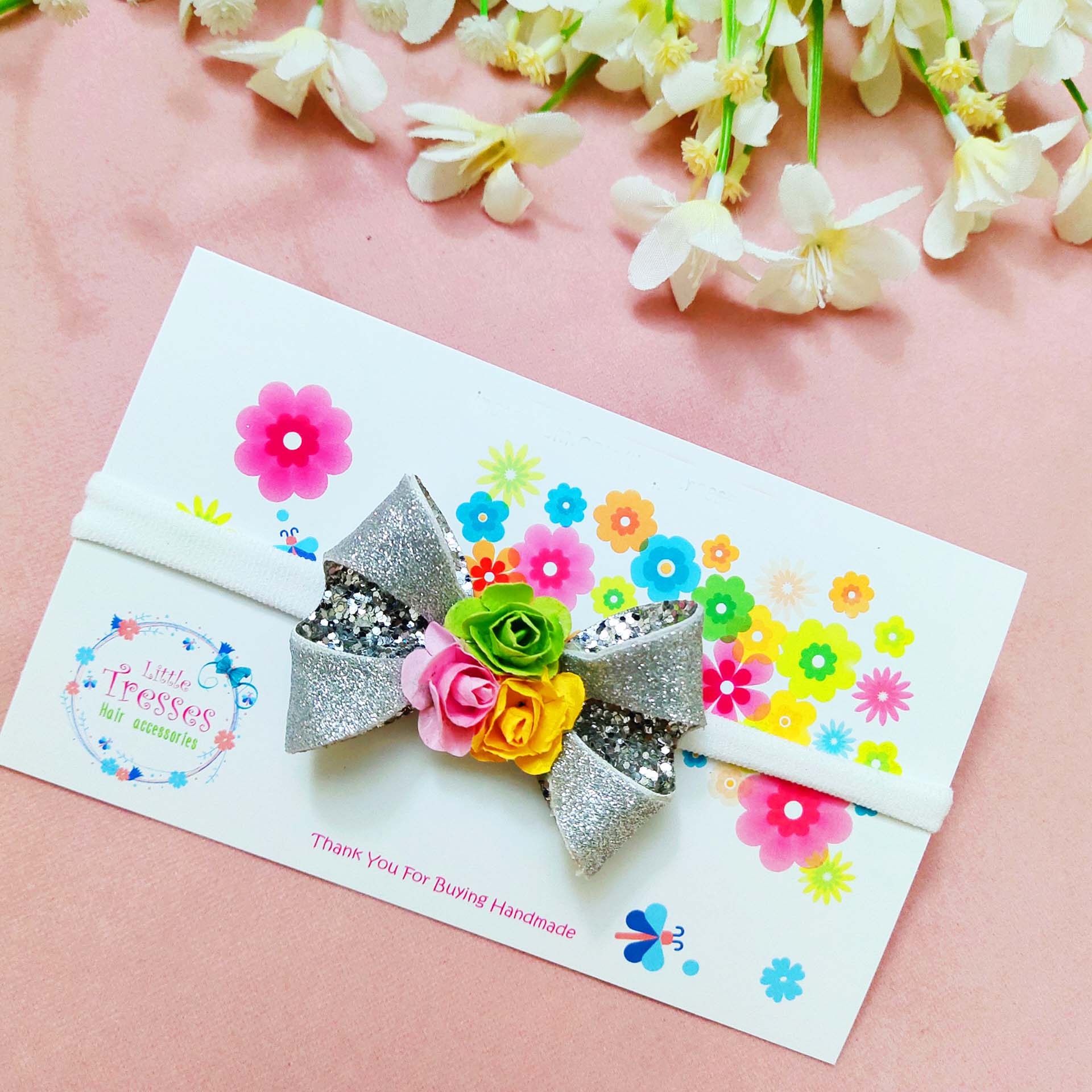 Designer Key Bow Soft Headband - Silver