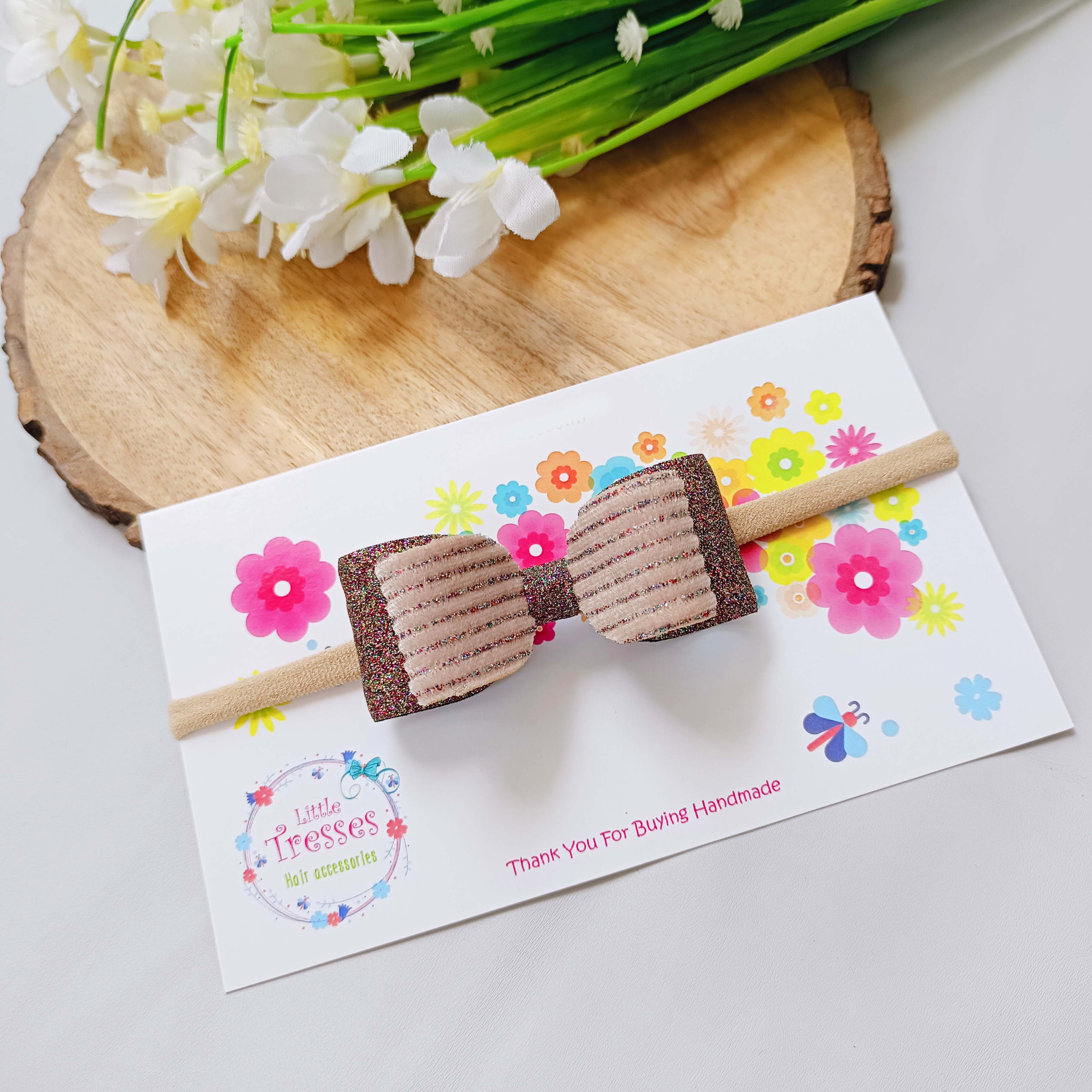 Multicolor Light Brown Double Layered Rectangular Bow Soft Stretchable headband