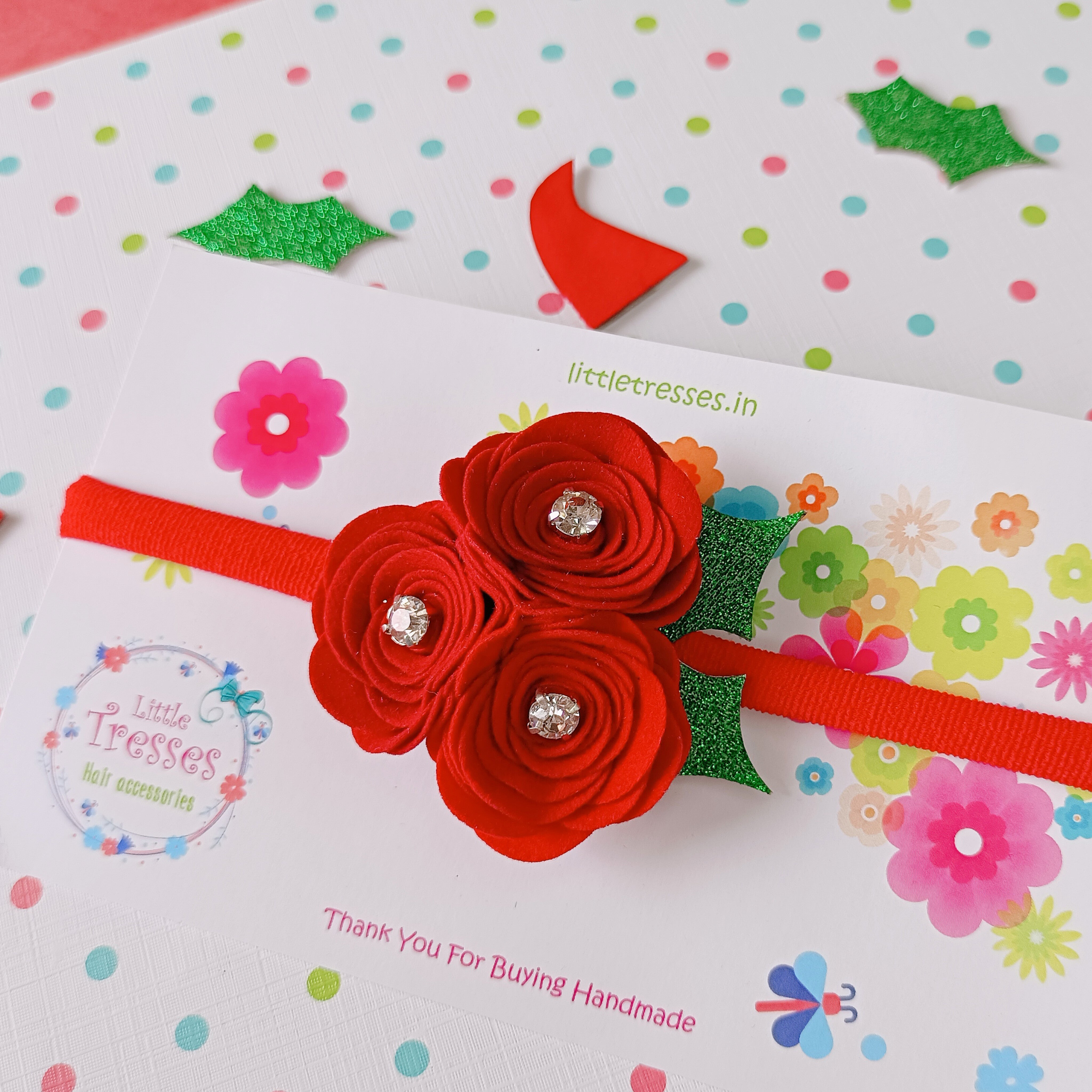 Roses and Leaves Soft Stretchable Headband - Red & Green
