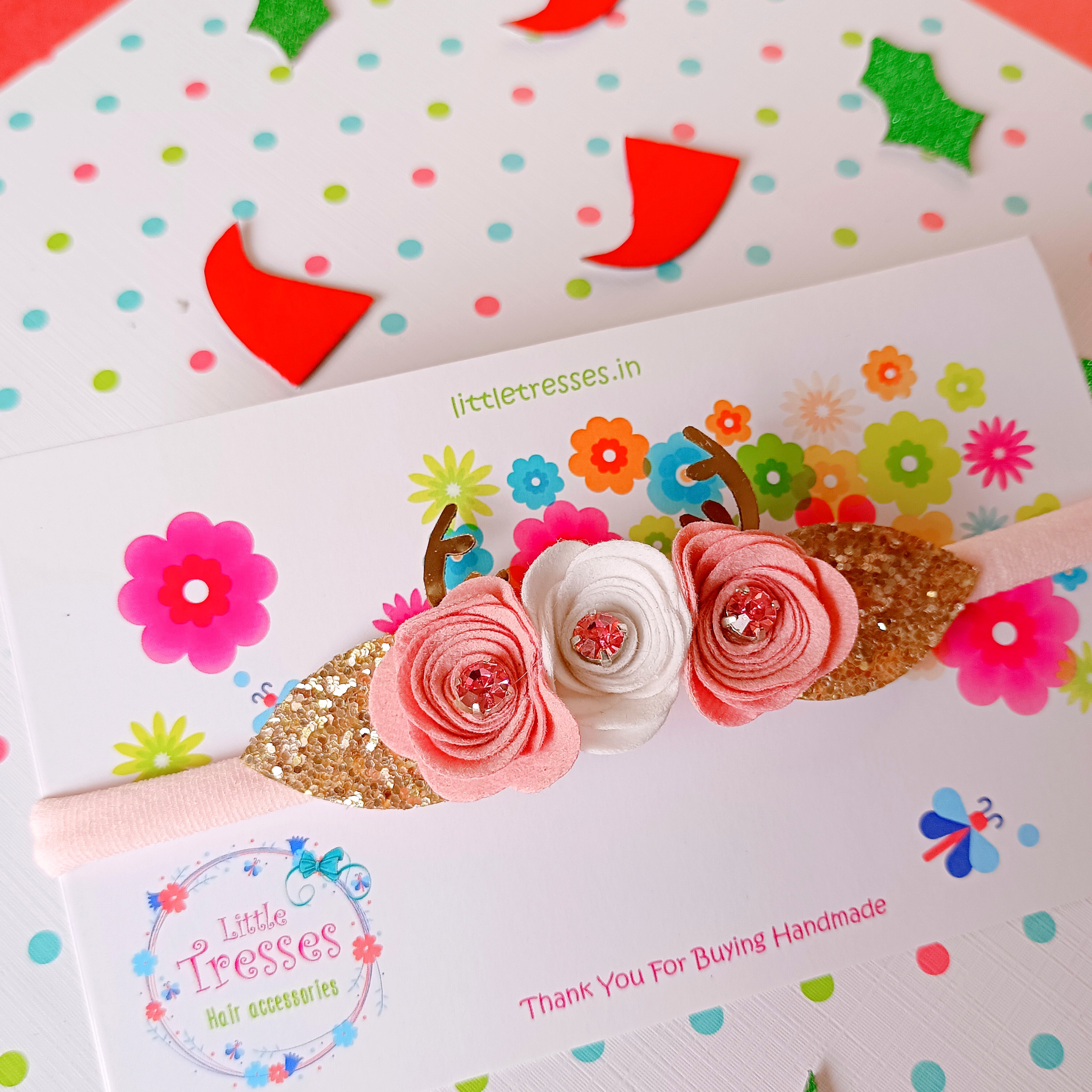 Reindeer with Flowers Soft Stretchable Headband - Pink & White