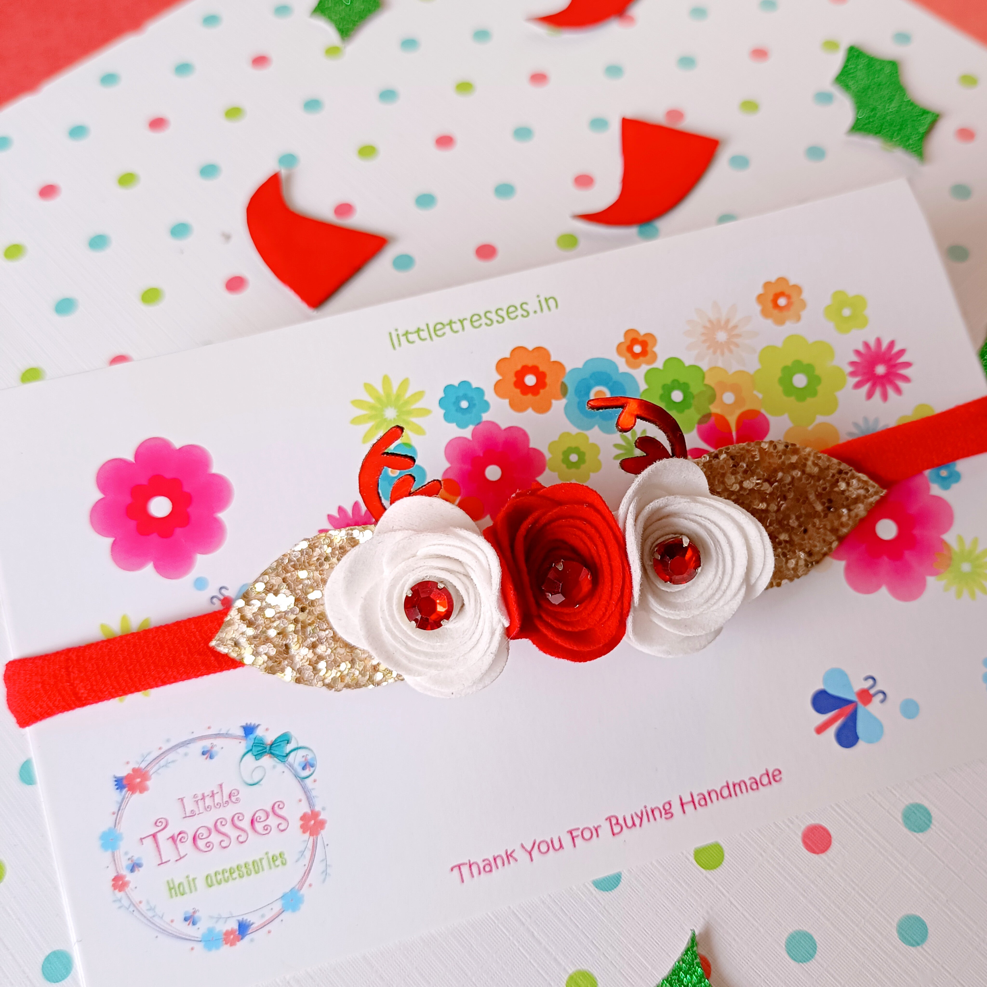 Reindeer with Flowers Soft Stretchable Headband - Red & White