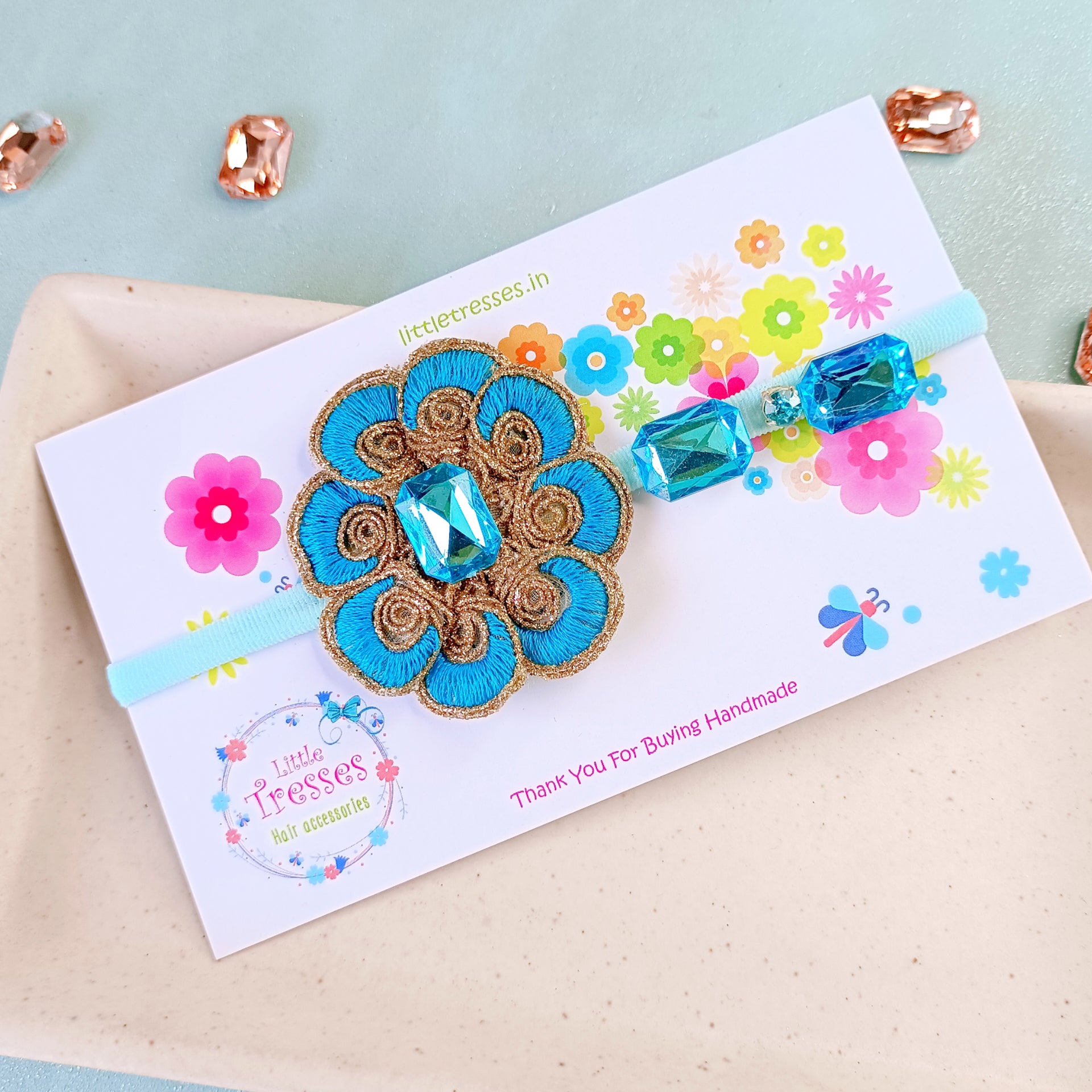 8 Folded Petals Flower with Intricate Work - Light Blue