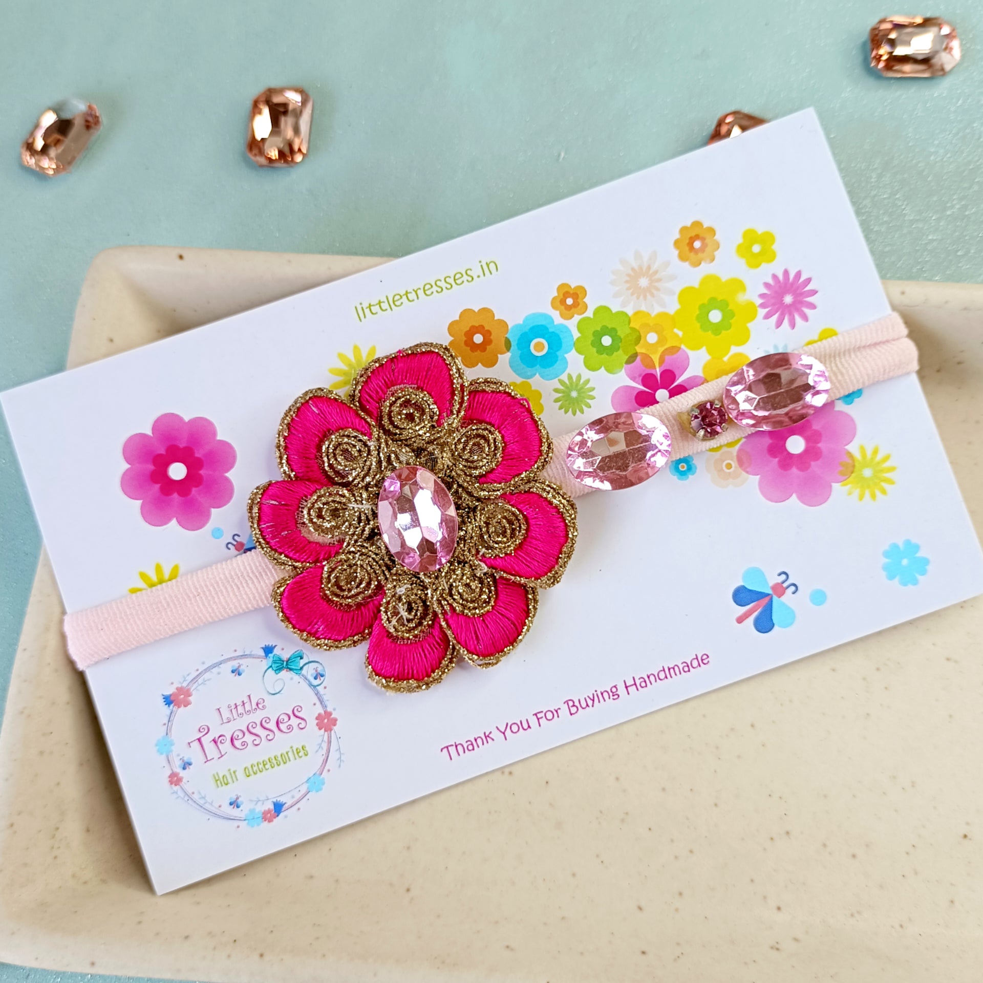 8 Folded Petals Flower with Intricate Work - Rani Pink