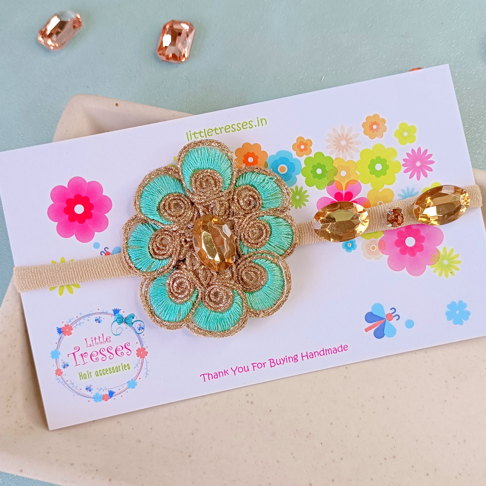 8 Folded Petals Flower with Intricate Work - Sea Green