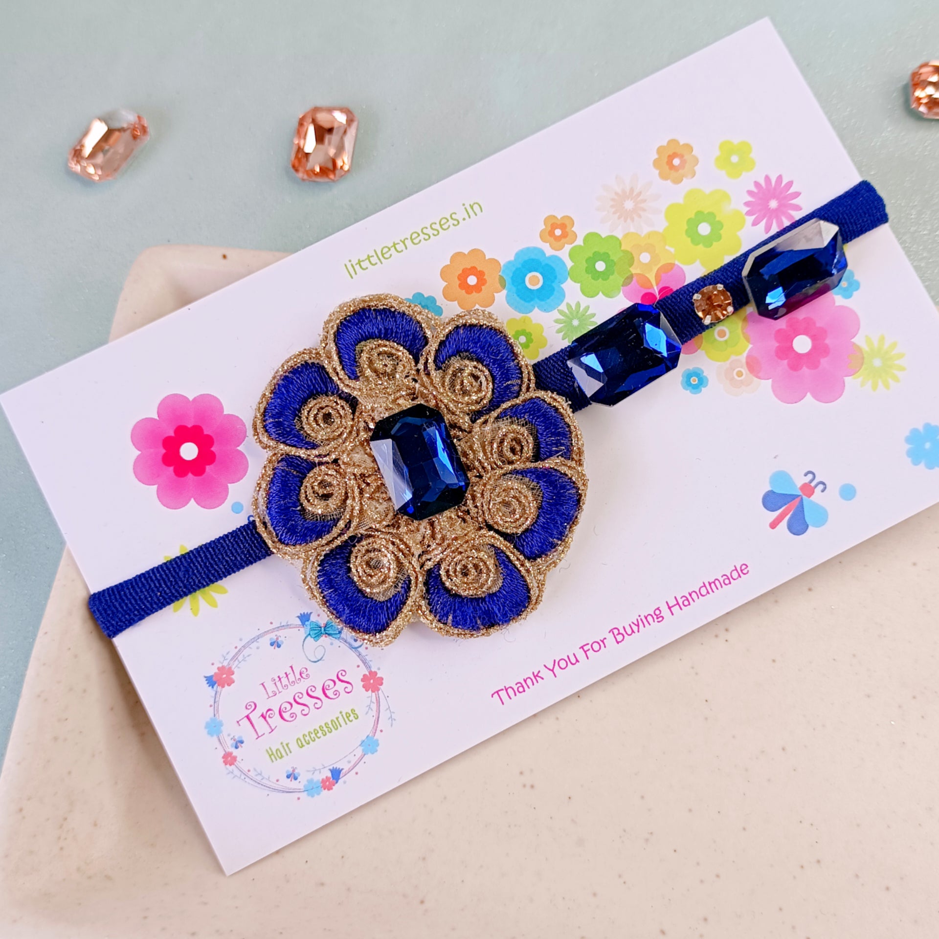 8 Folded Petals Flower with Intricate Work - Navy Blue