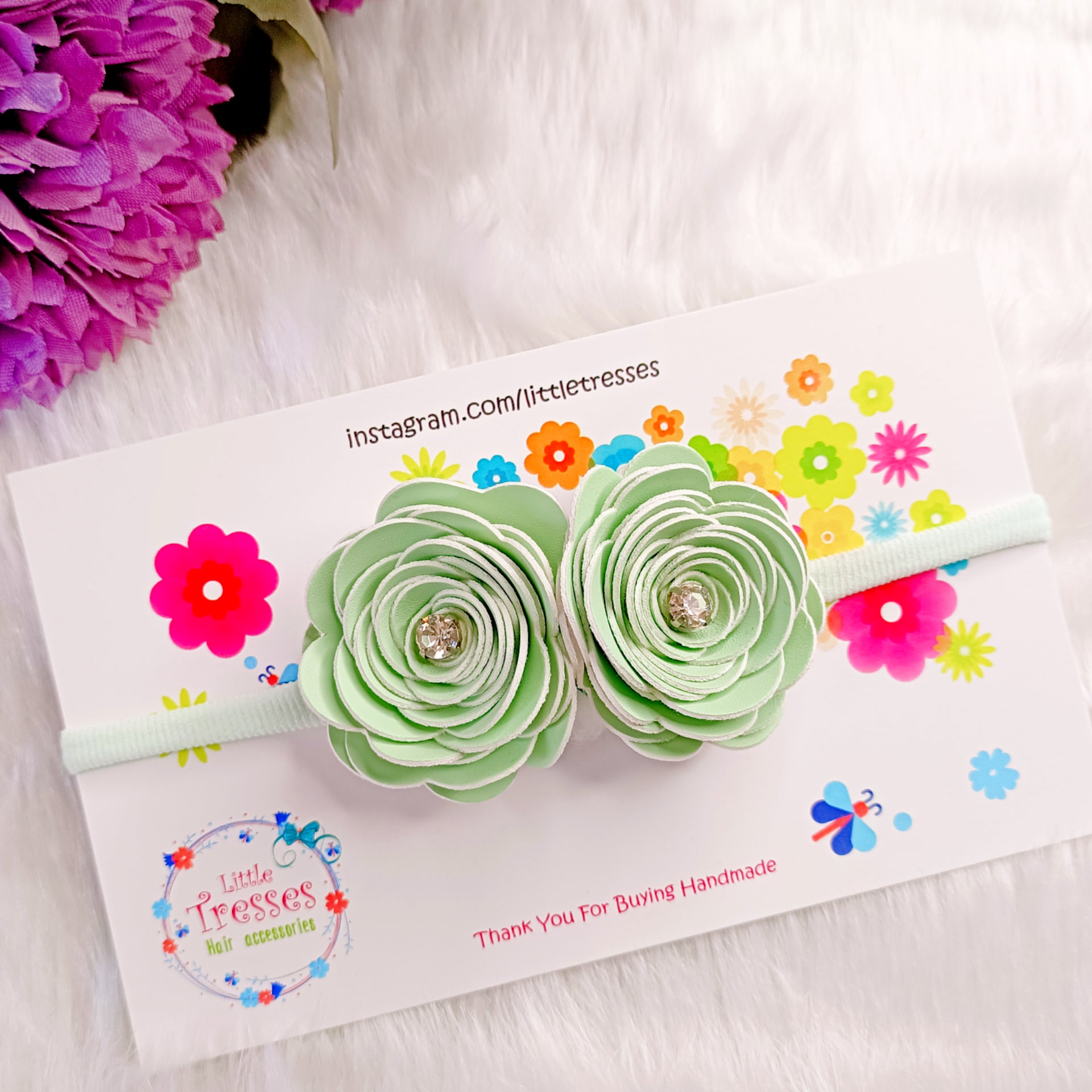 Twin Big Roses Headband - Pista Green