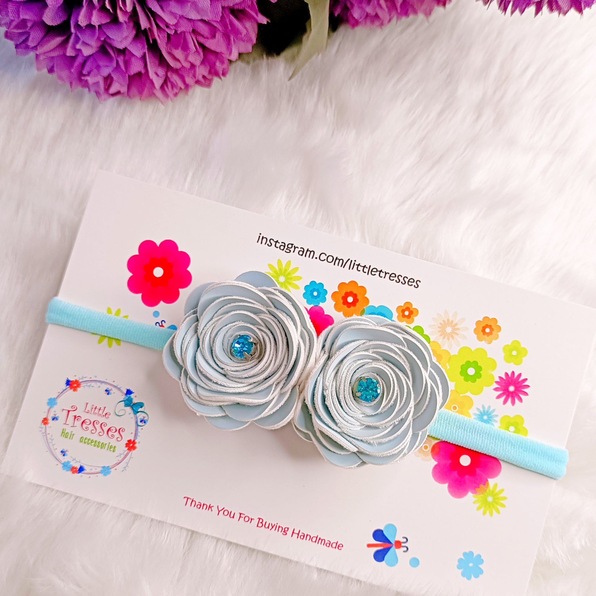 Ice Blue Twin Big Roses Soft Headband