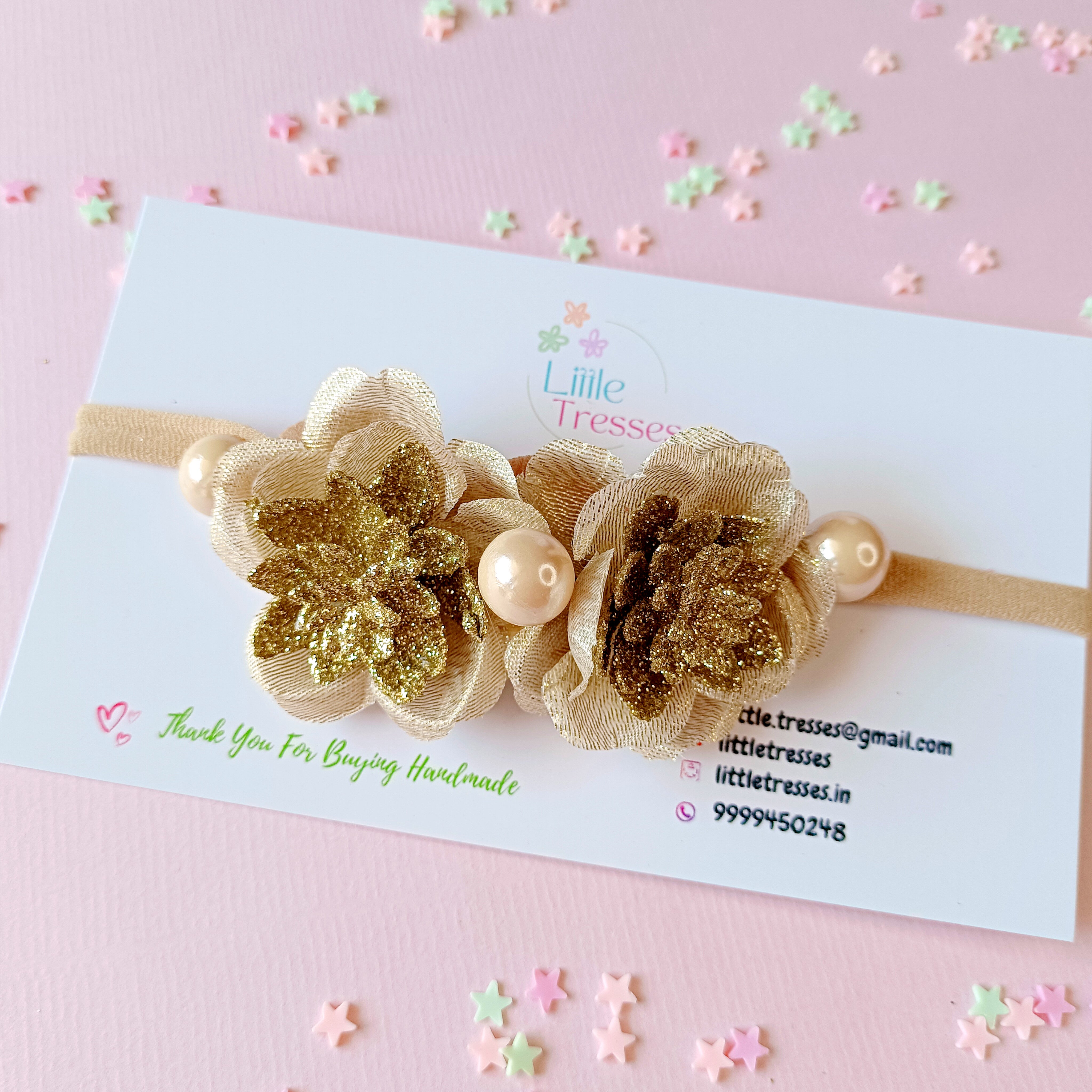 Twin Flower with Shiny Cherry Balls Baby Soft Headband - 4 Colors