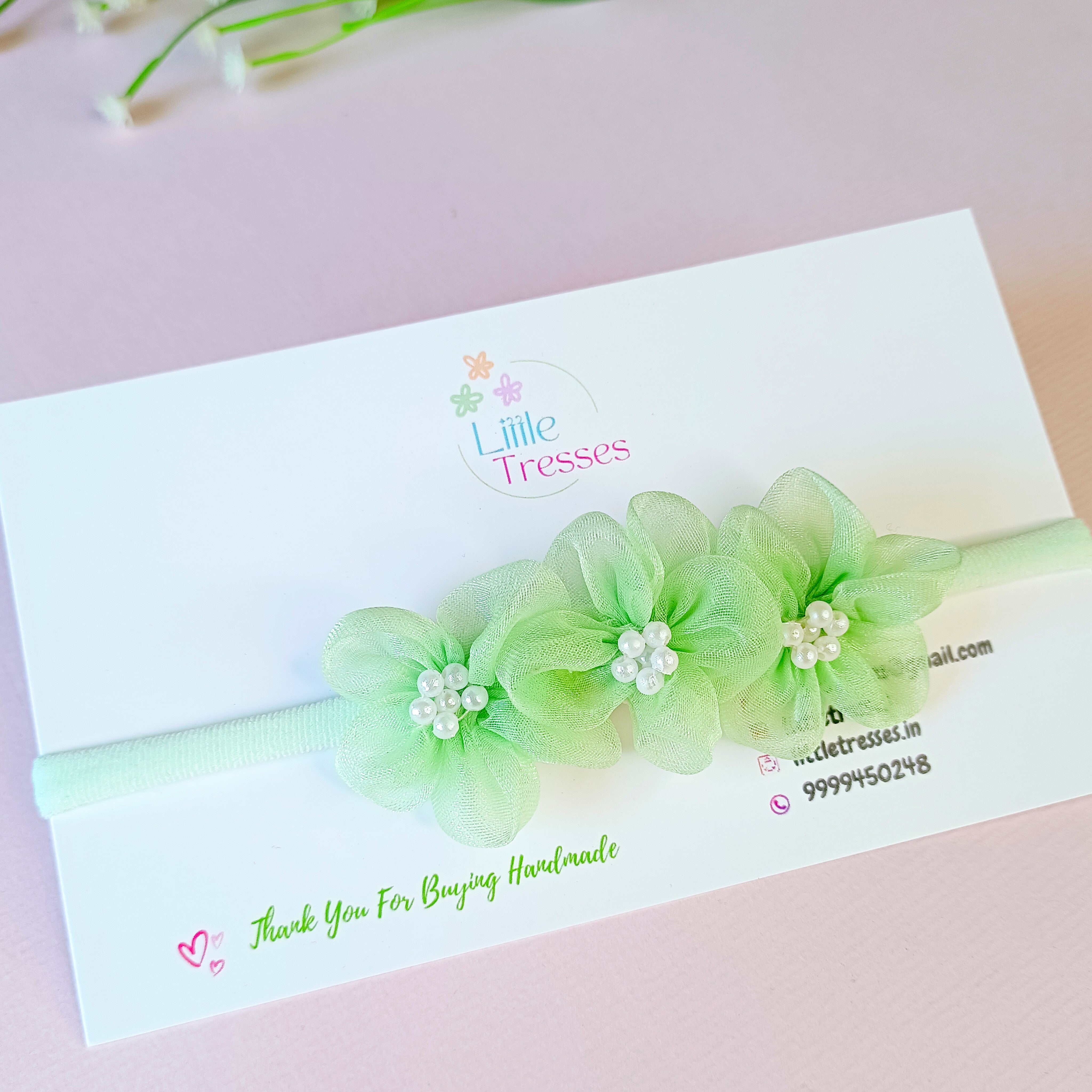 Trio Flowers with beads Soft Stretchable Headband - Mint Green