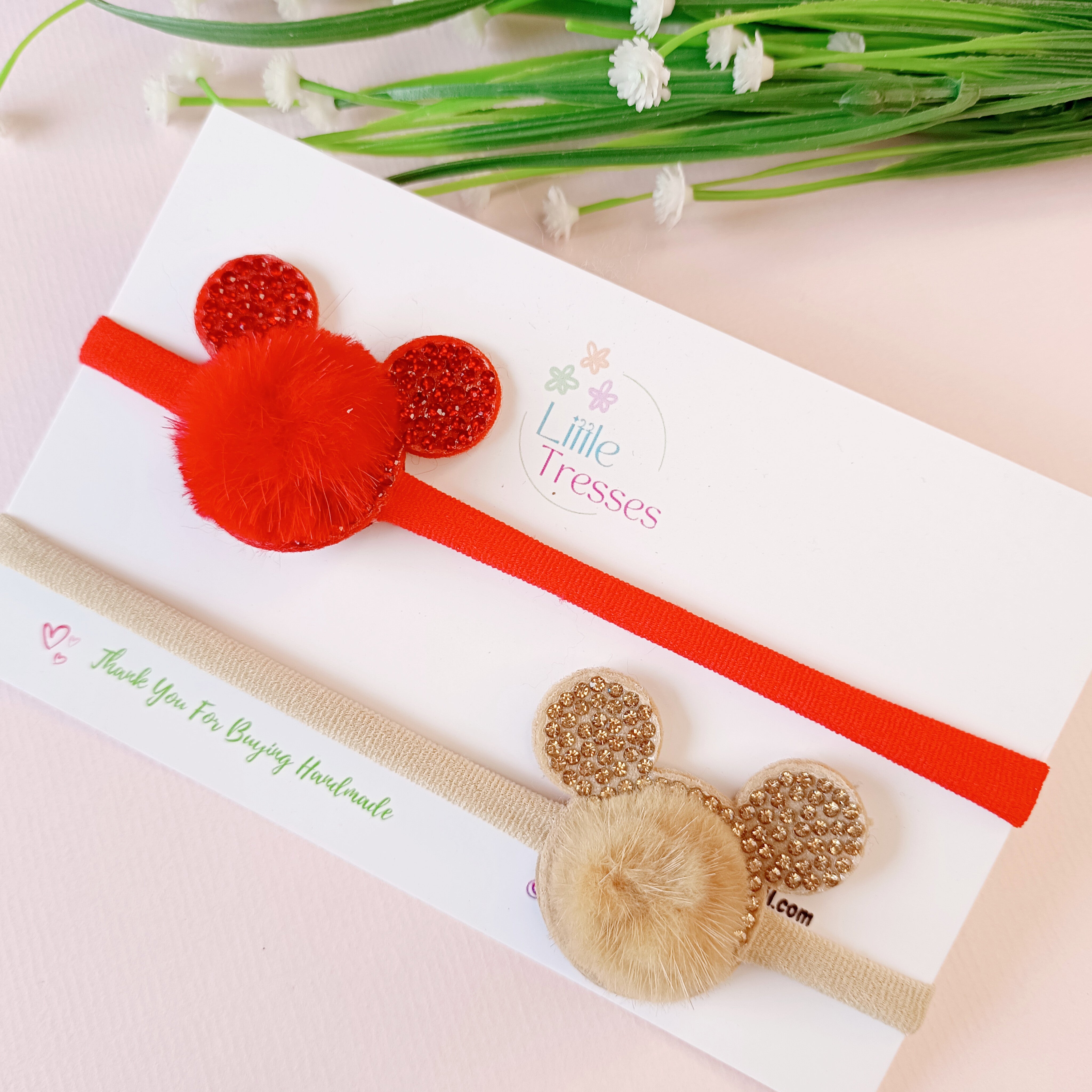 Combo of 2 Fur Ears Soft Stretchable headband - Red, Brown