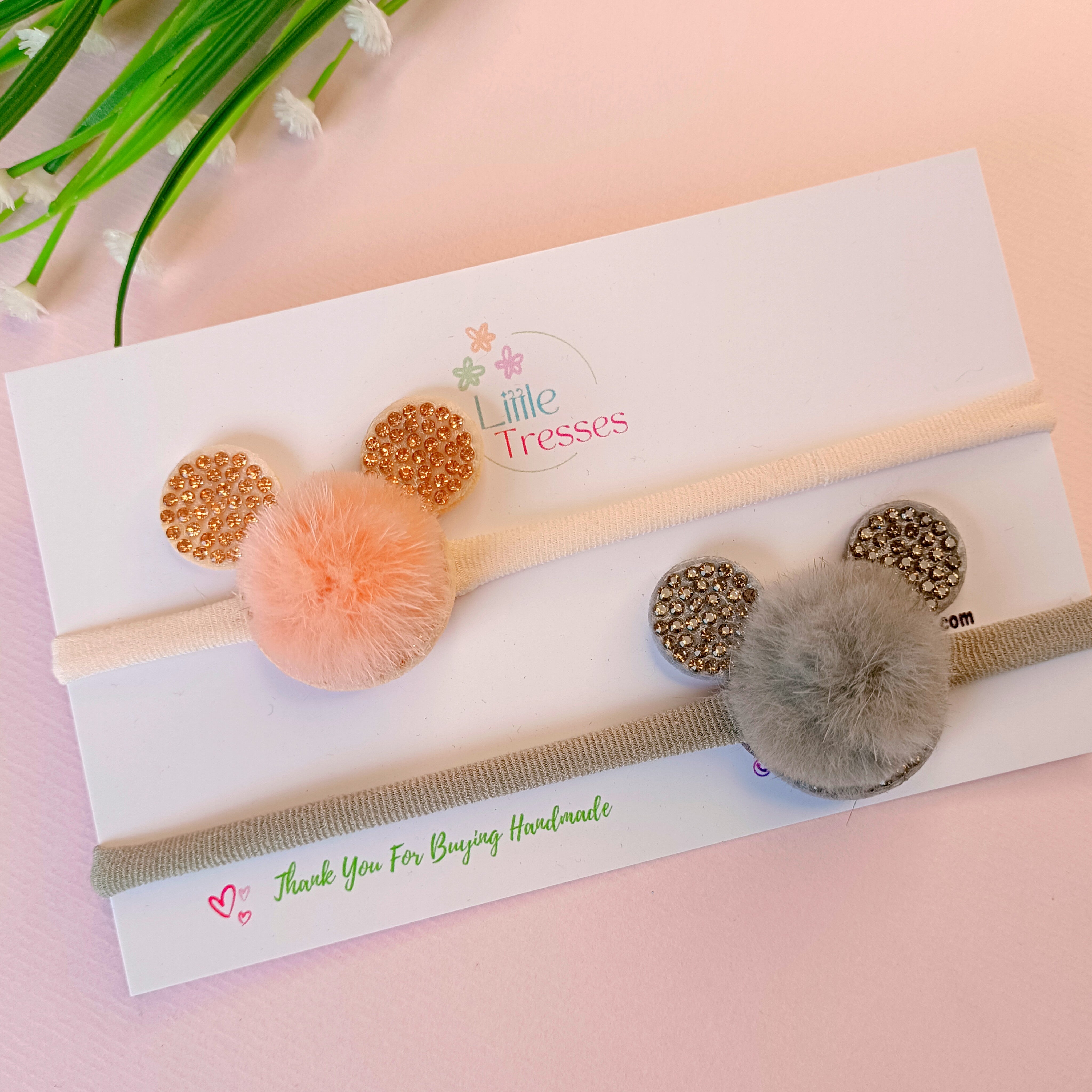 Combo of 2 Fur Ears Soft Stretchable headband - Peach, Grey