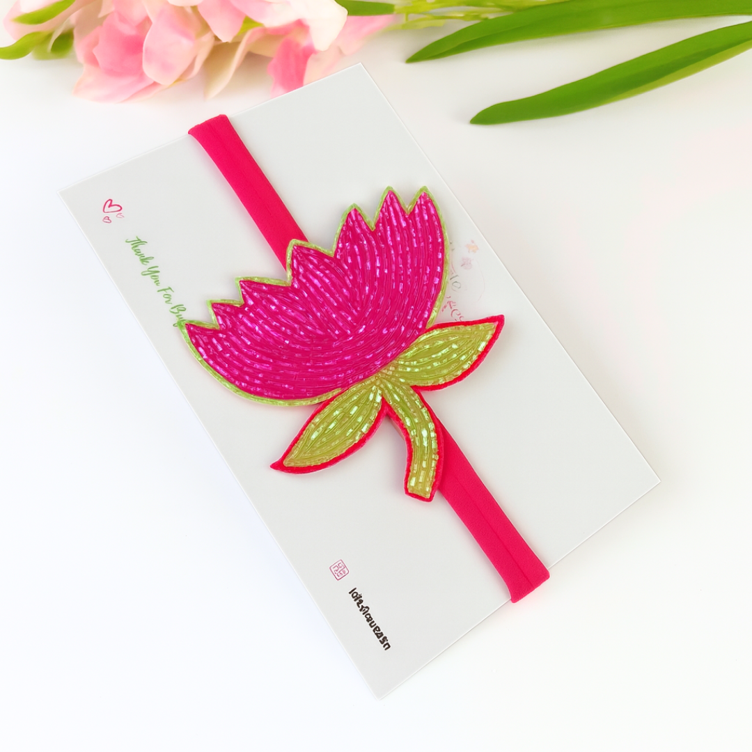 Beaded Dark Pink Lotus Soft Headband
