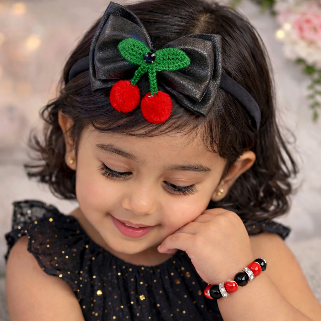 Cherry bow Soft headband with matching Bracelet - Black