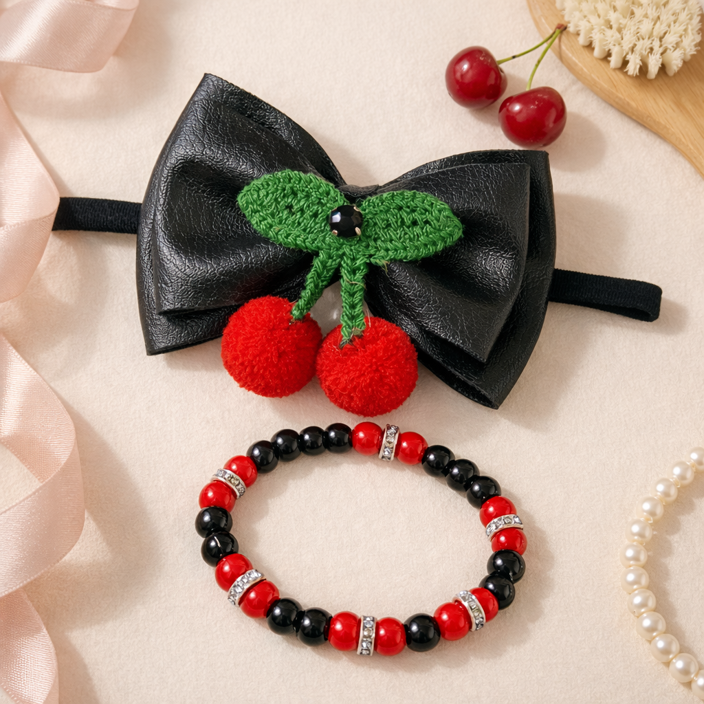 Cherry bow Soft headband with matching Bracelet - Black