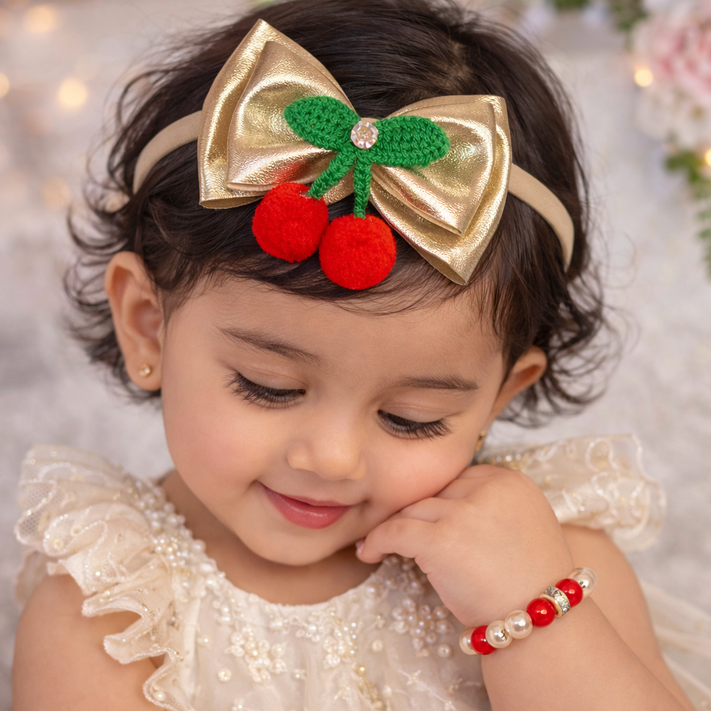 Cherry bow Soft headband with matching Bracelet - Golden