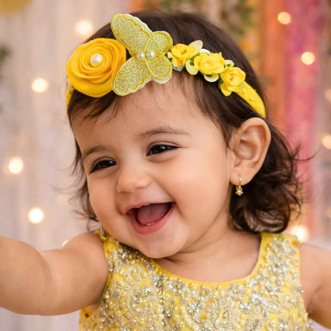 Designer Butterfly Floral Soft Headband - Yellow