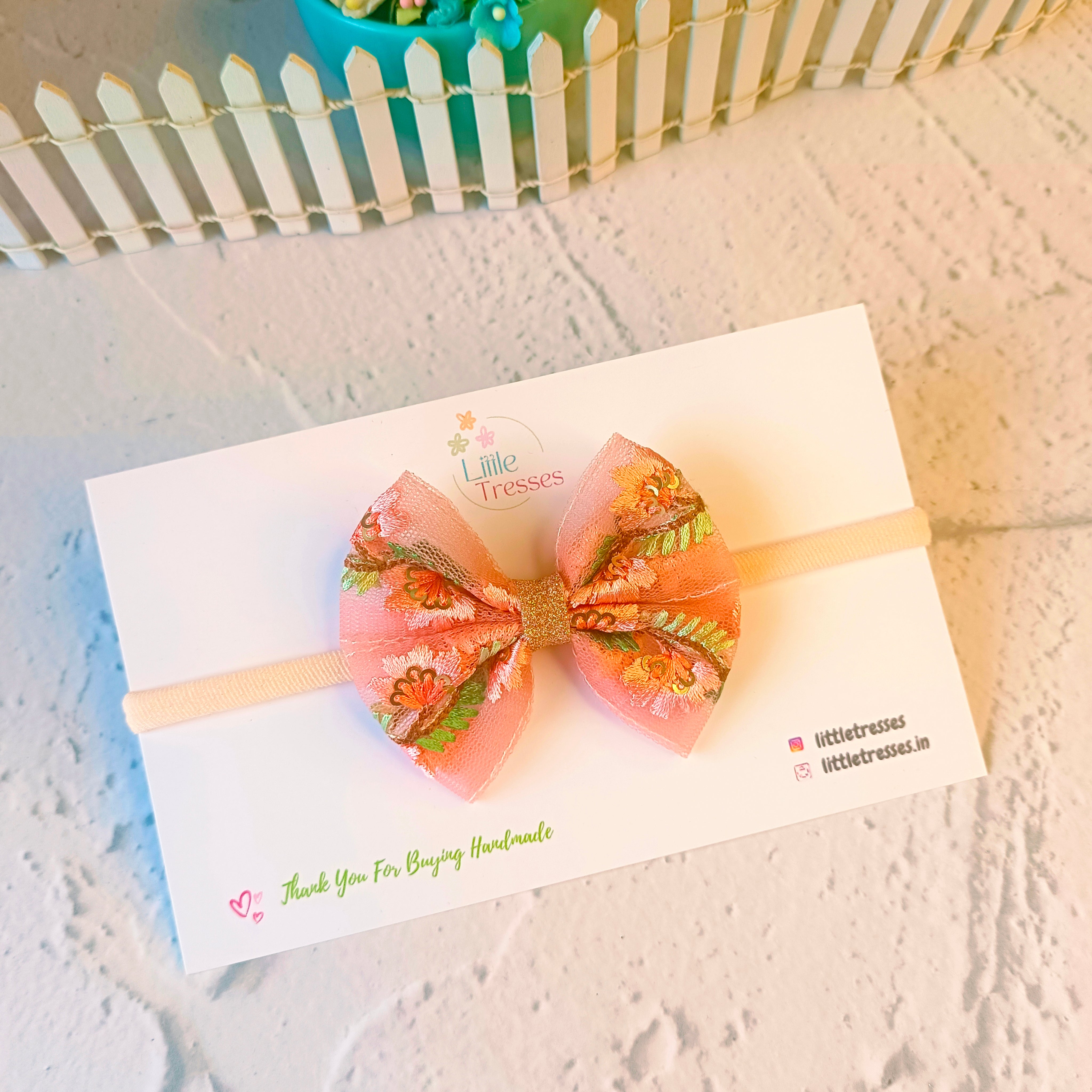 Intricate Embroidery on Net Bow Soft Headband - Peach