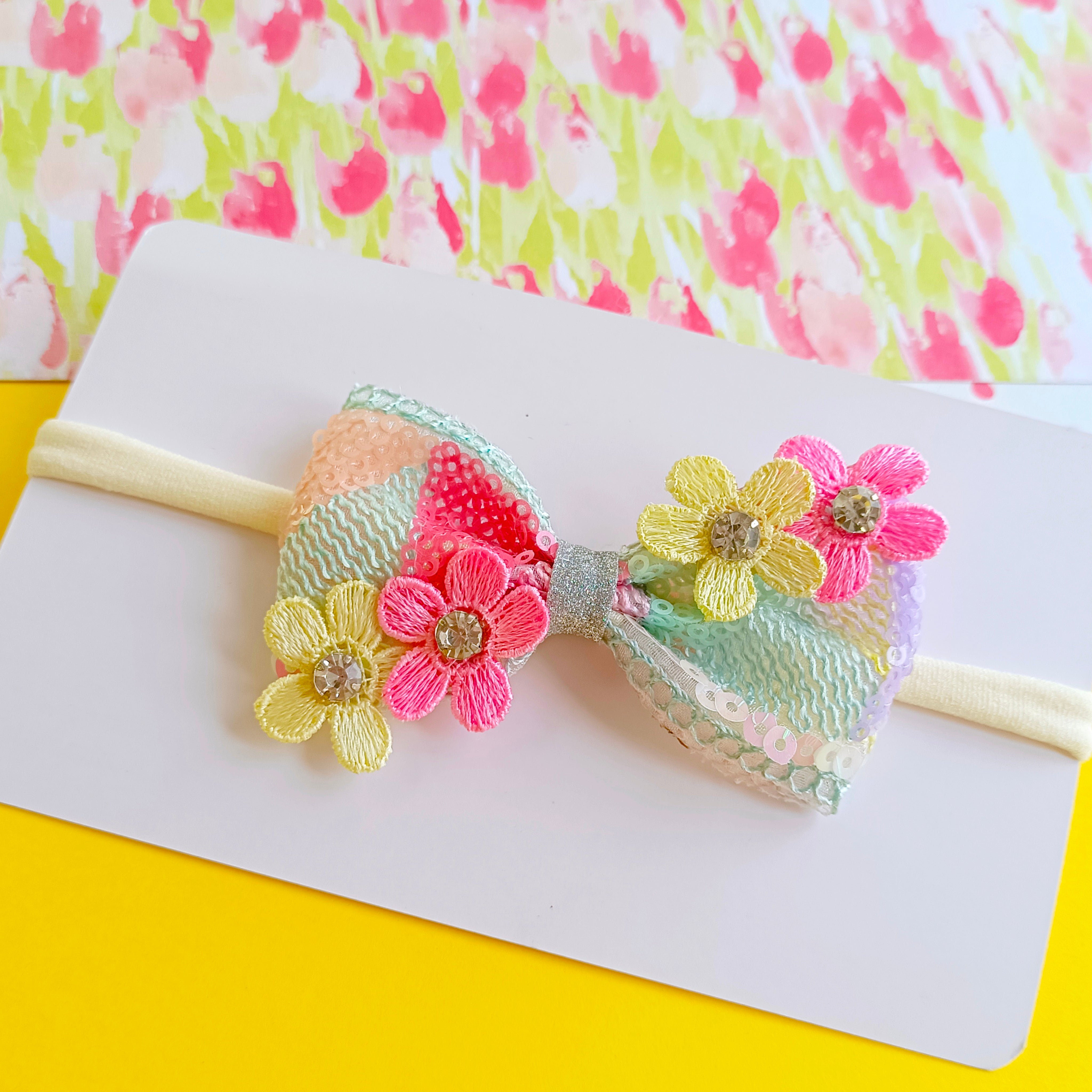 Pastel bow baby soft headband with flowers and rhinestones