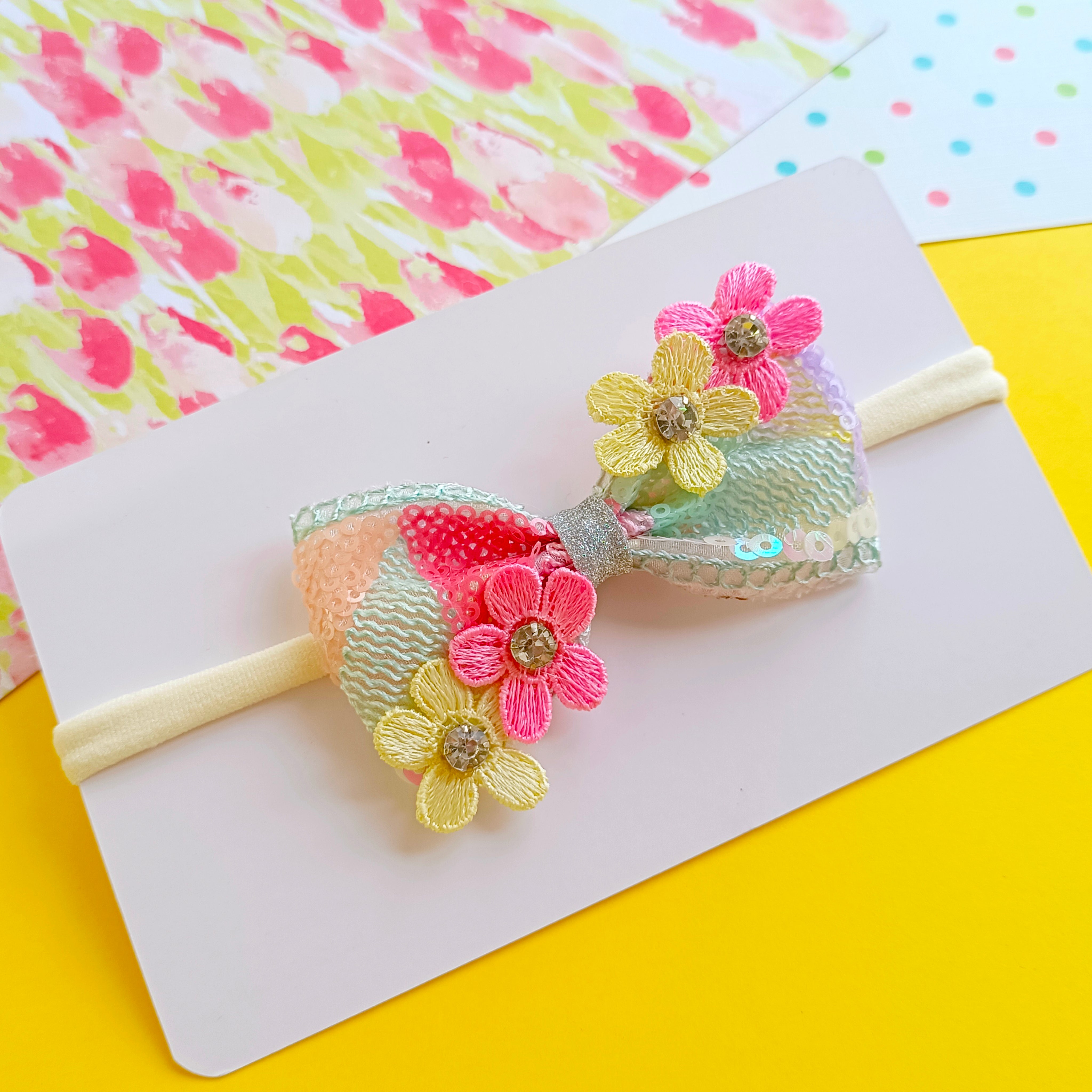 Pastel colors Bow with Flowers and Rhinestones Soft Headband