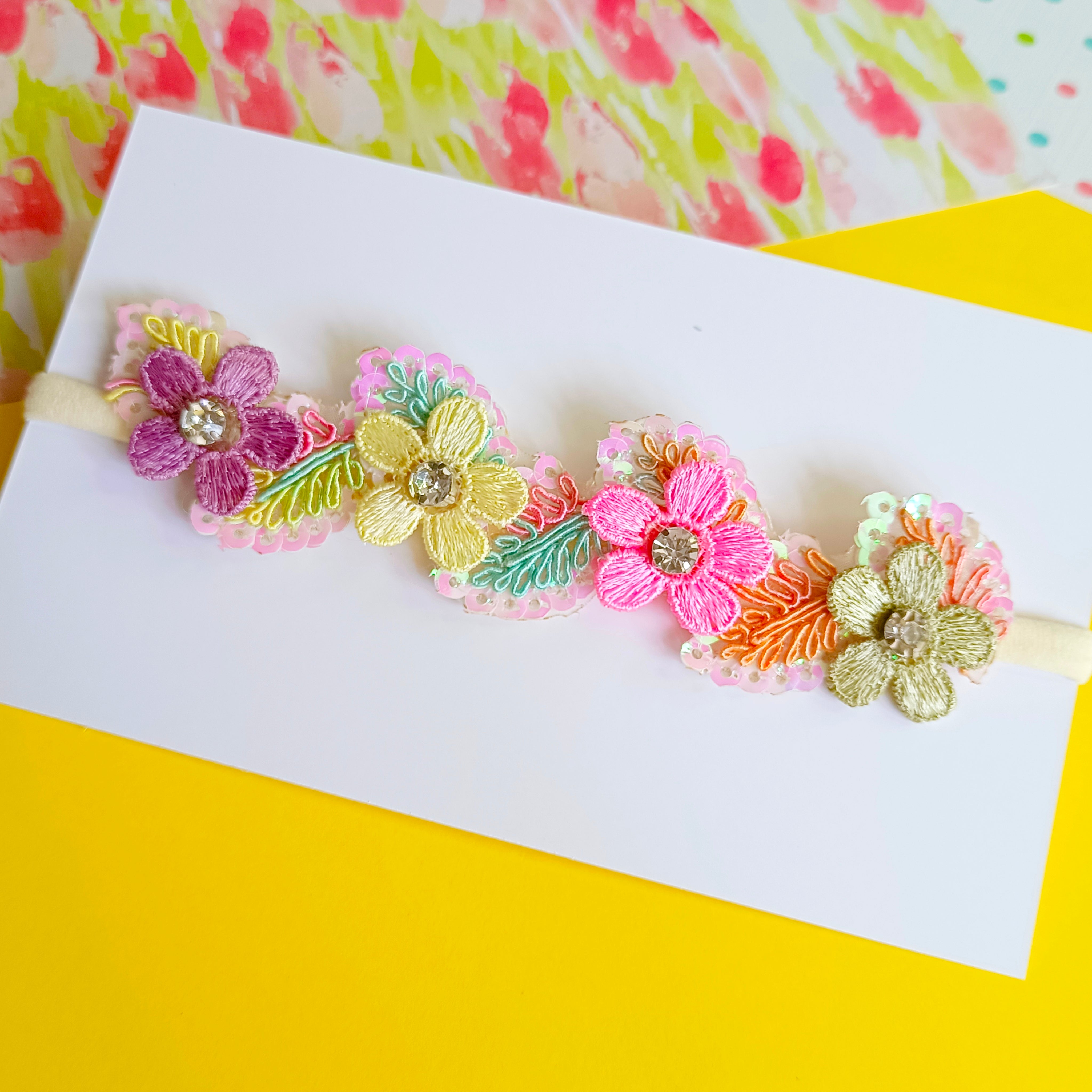 Multicolor Leaves Flowers and Rhinestones Soft Headband